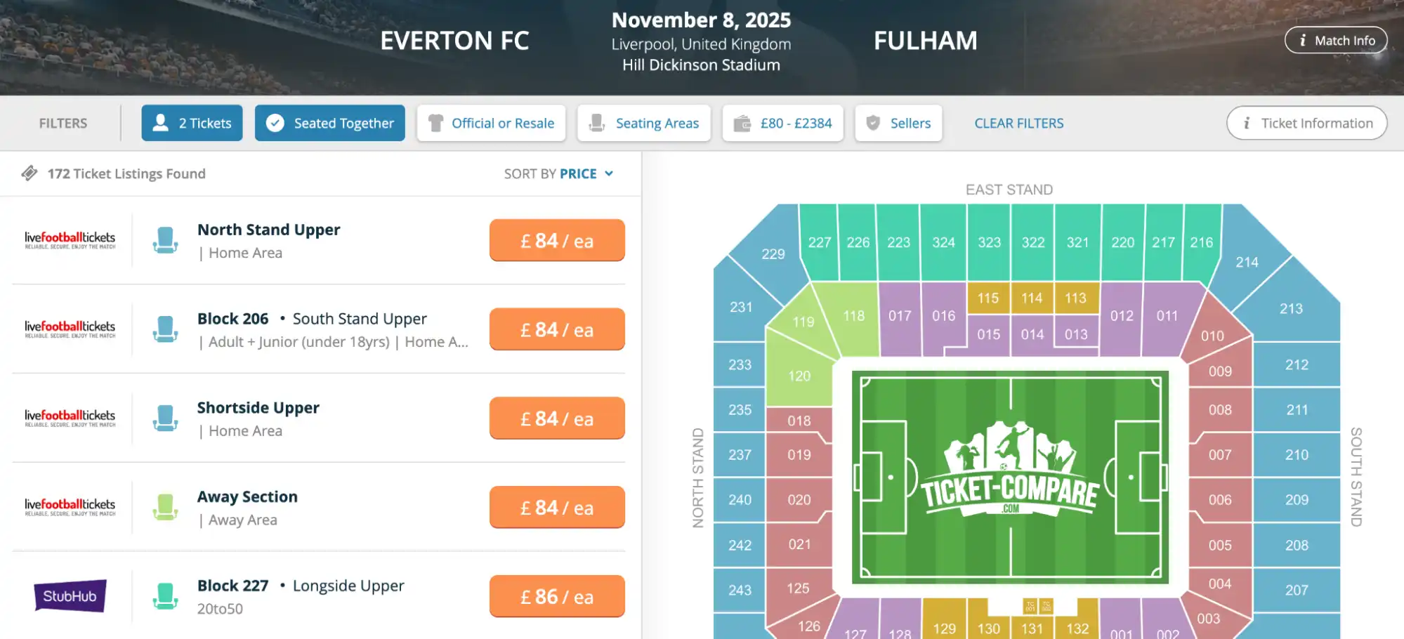screenshot of Everton FC vs Fulham match tickets on www.bubbleblissbeauty.com