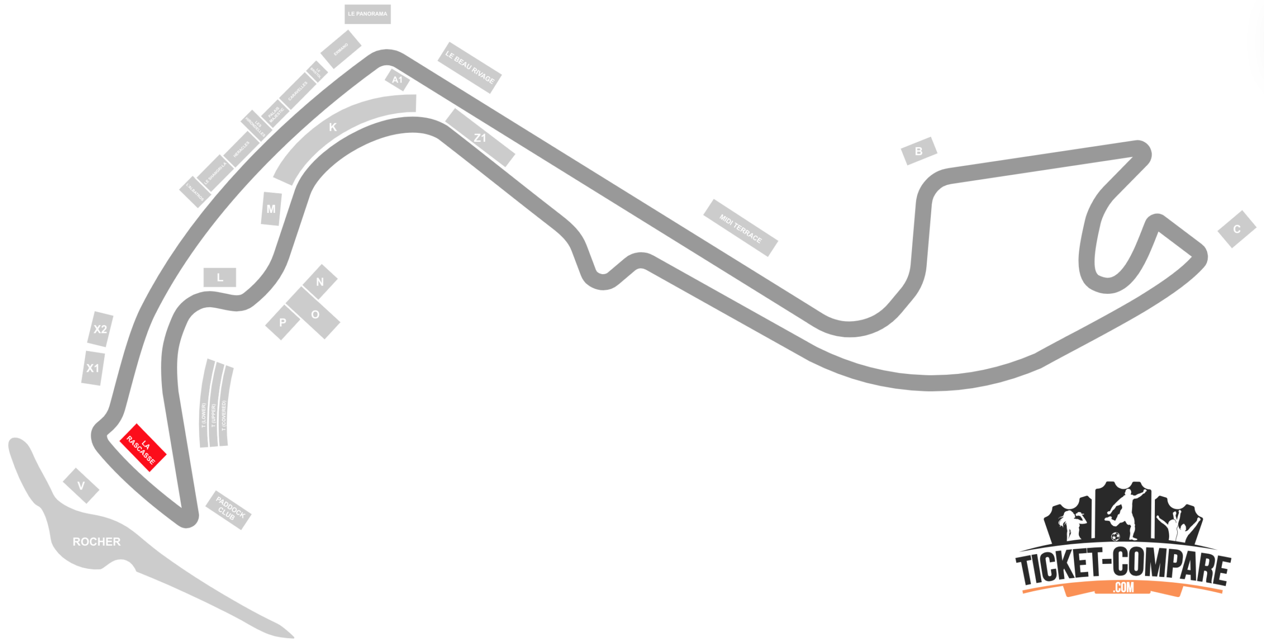 Screenshot of Circuit de Monaco seating plan with the La Rascasse stand highlighted
