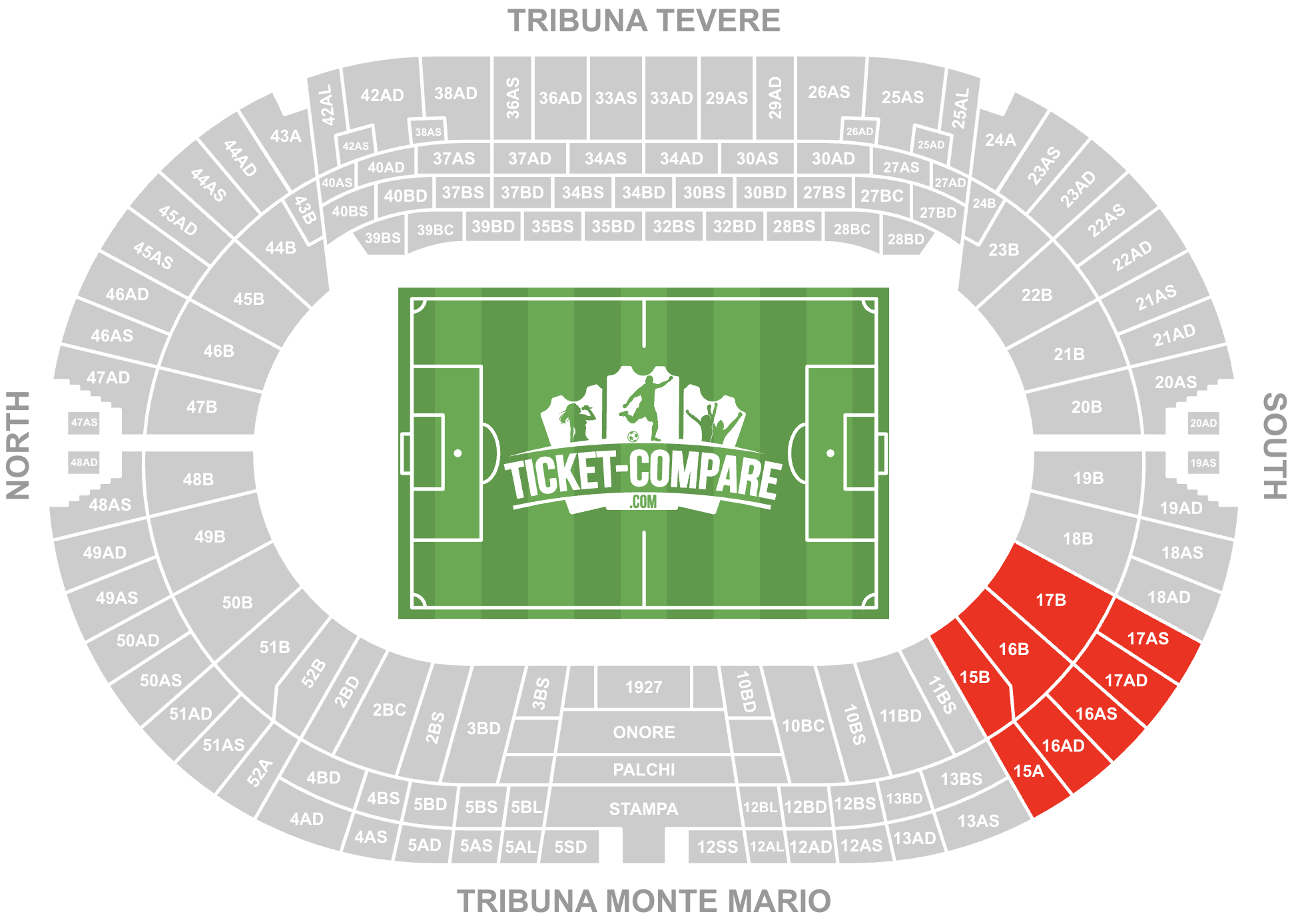 Screenshot of Stadio Olimpico Seating Plan with the Distinti Sud Ovest highlighted