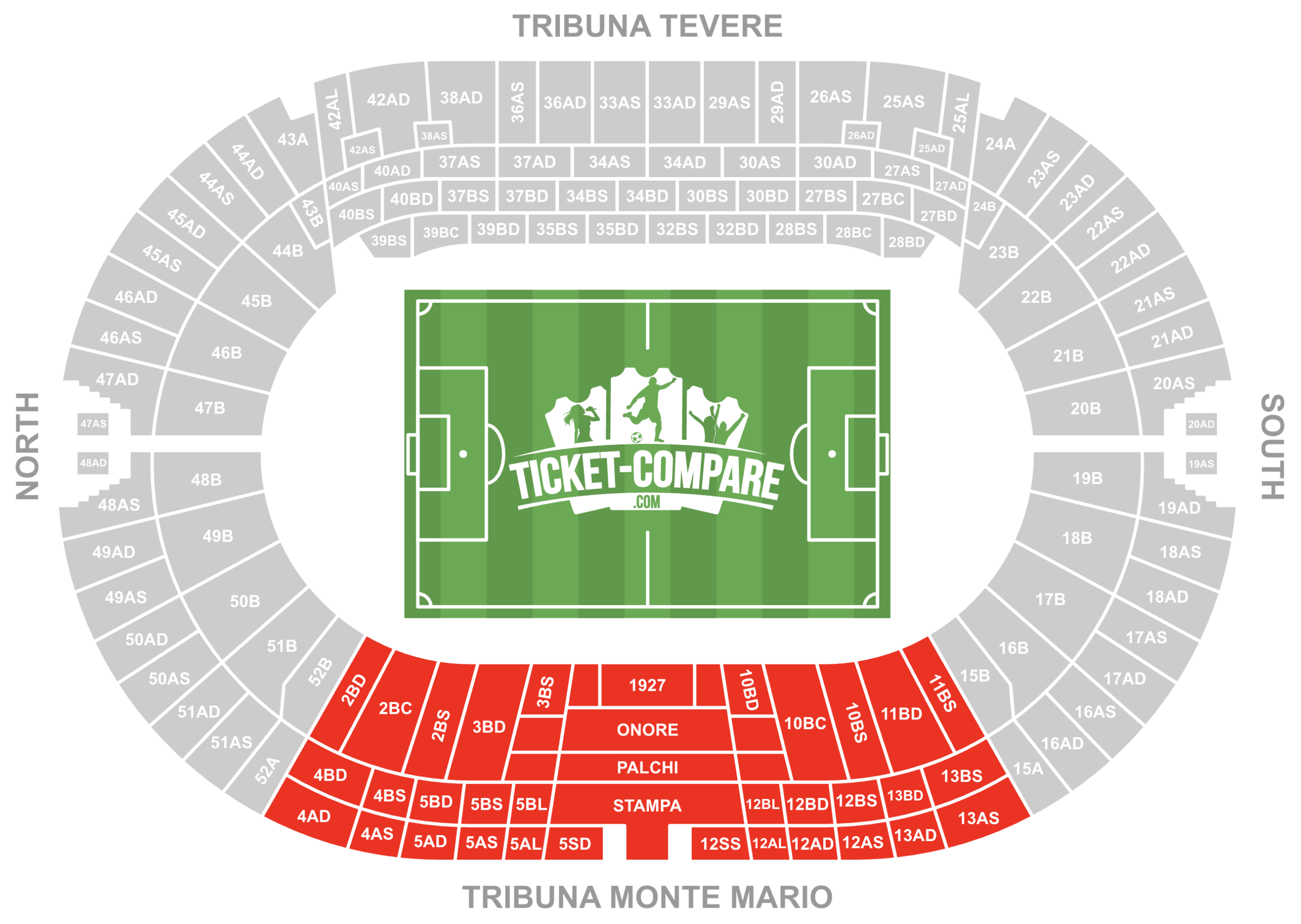 Screenshot of Stadio Olimpico Seating Plan with the Tribuna Monte Mario highlighted
