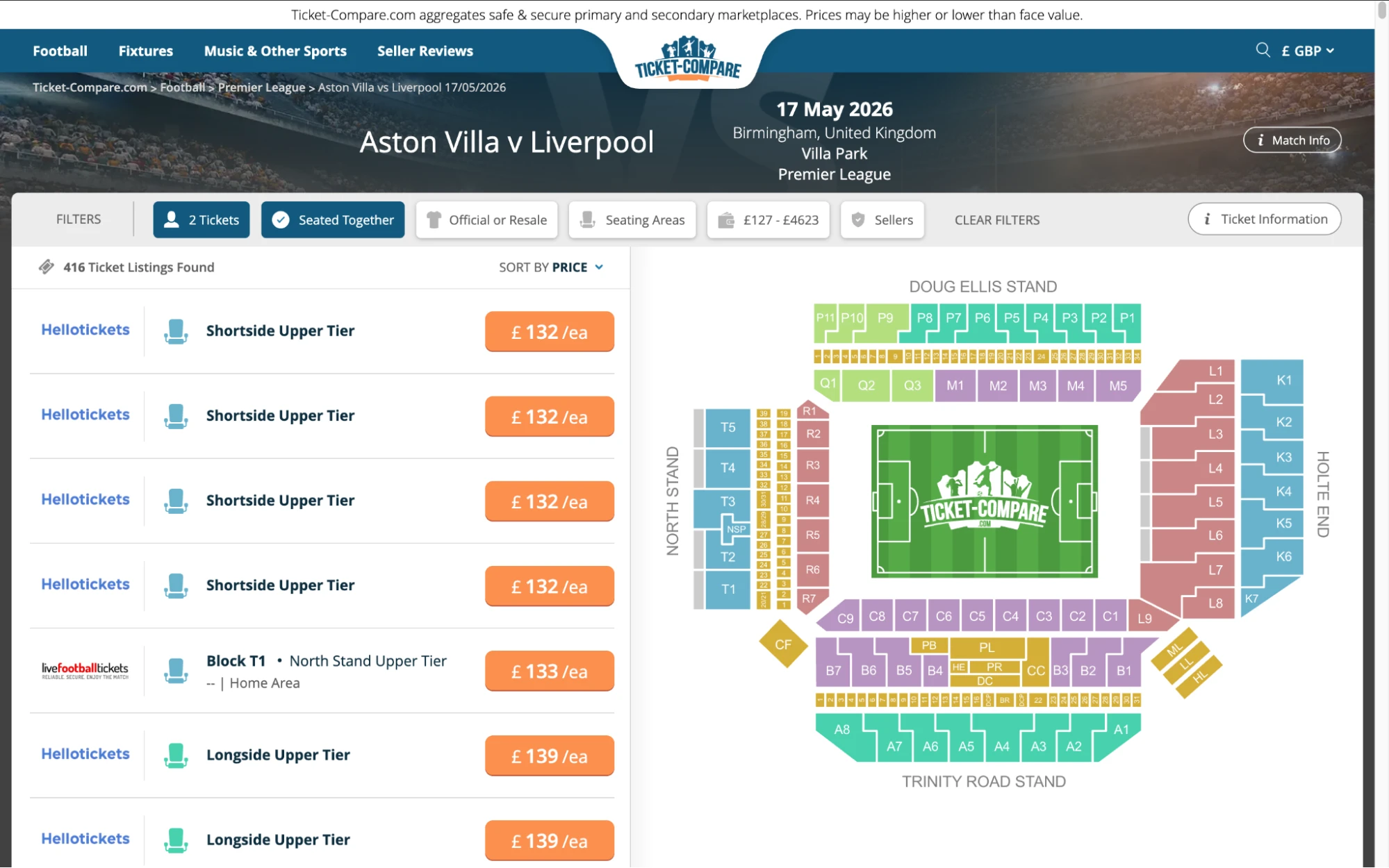Screenshot of Aston Villa v Liverpool tickets page on www.bubbleblissbeauty.com