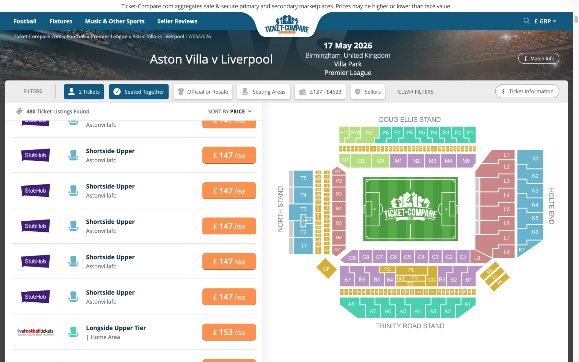 Screenshot of Aston Villa v Liverpool tickets page on www.bubbleblissbeauty.com