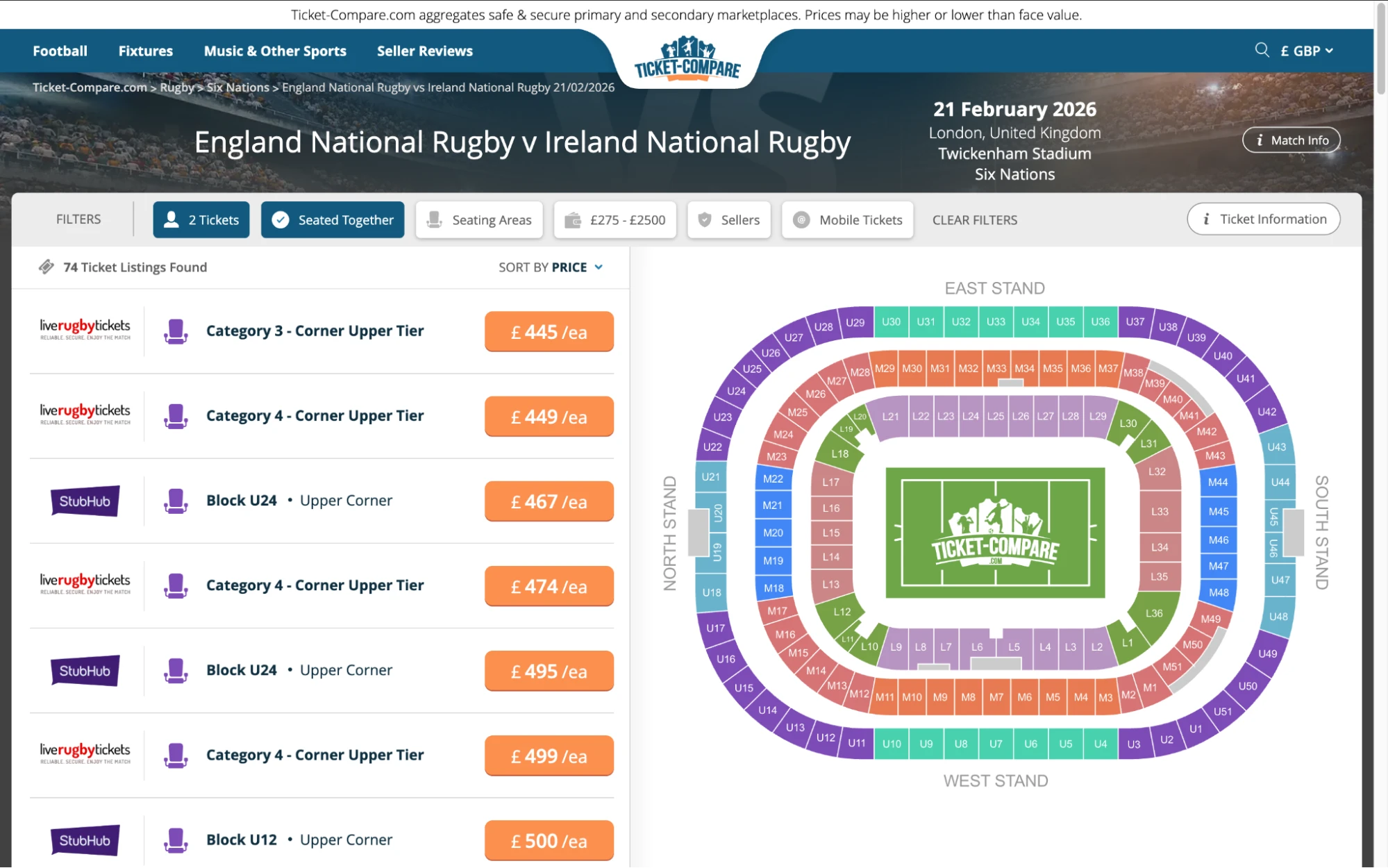 Screenshot of England National Rugby v Ireland National Rugby tickets page on www.bubbleblissbeauty.com
