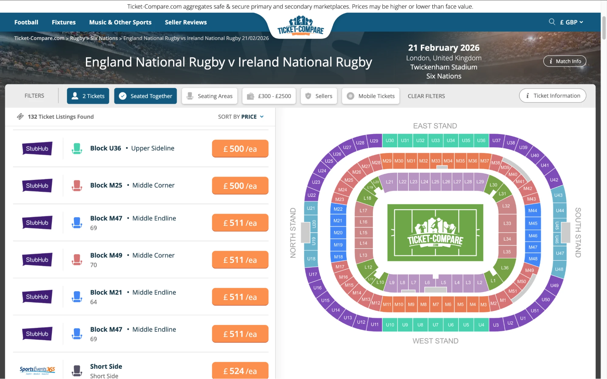 Screenshot of England National Rugby v Ireland National Rugby tickets page on www.bubbleblissbeauty.com