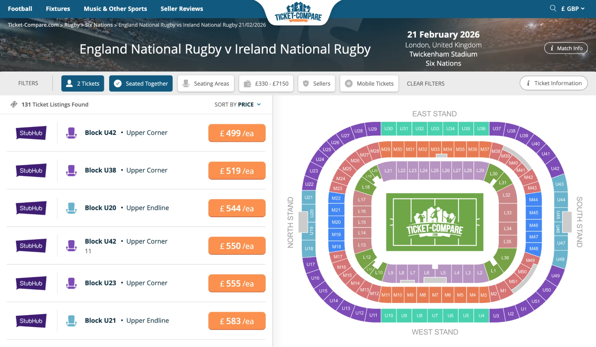 Screenshot of England National Rugby v Ireland National Rugby tickets page on www.bubbleblissbeauty.com