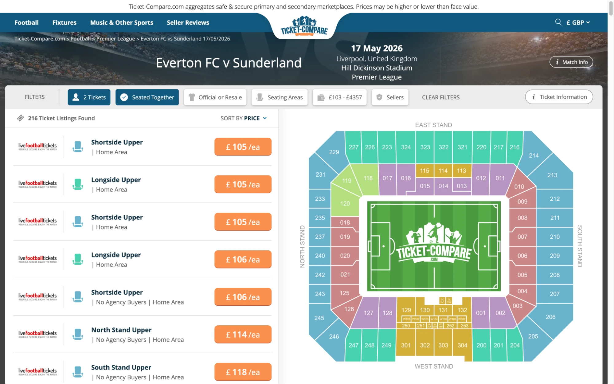 Screenshot of Everton v Sunderland tickets page on www.bubbleblissbeauty.com