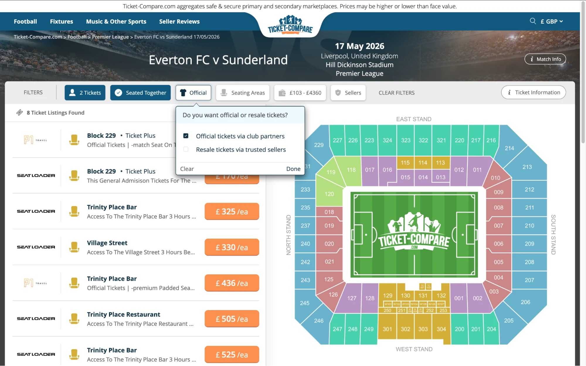 Screenshot of Everton v Sunderland tickets page on www.bubbleblissbeauty.com