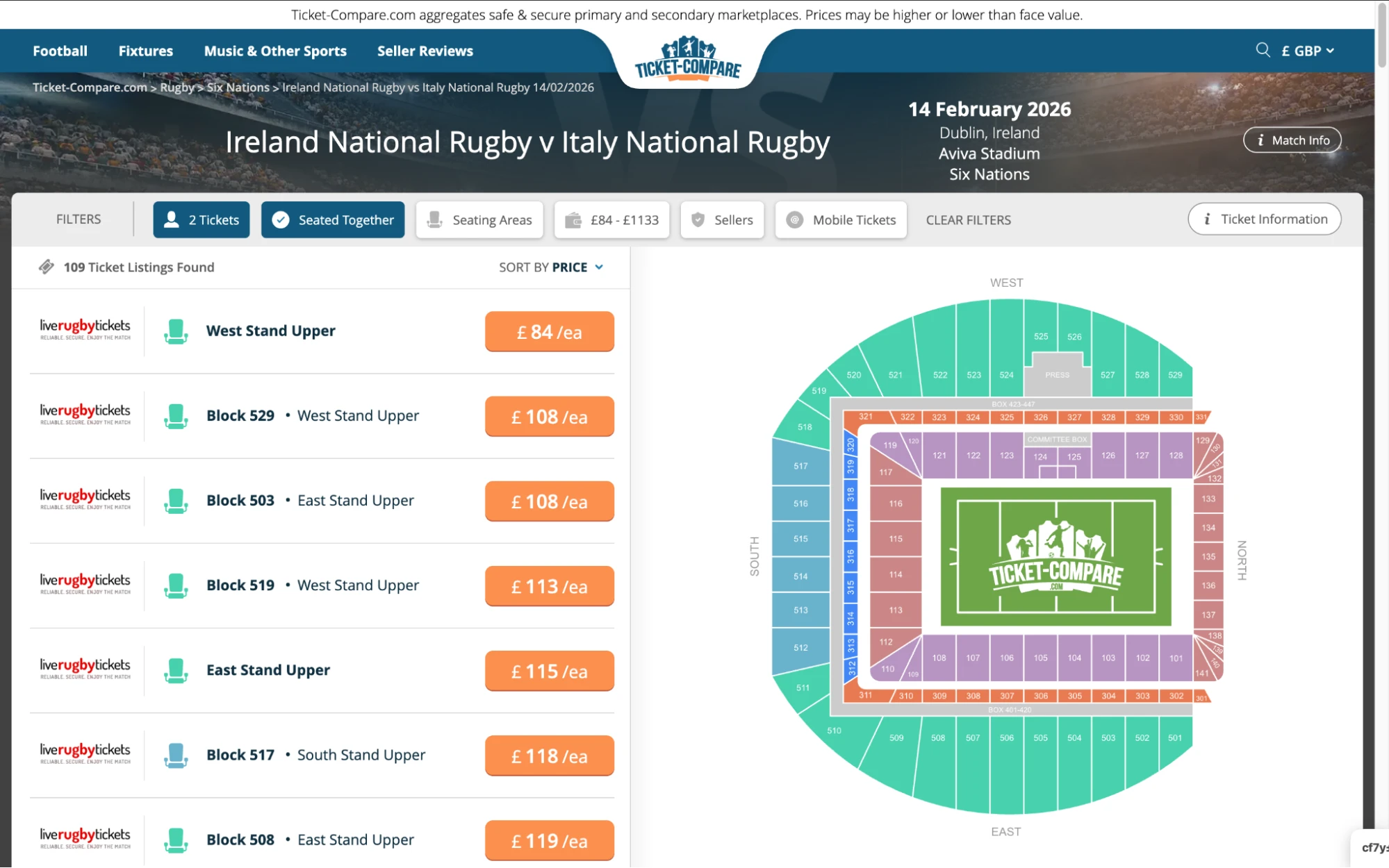 Screenshot of Ireland National Rugby v Italy National Rugby tickets page on www.bubbleblissbeauty.com