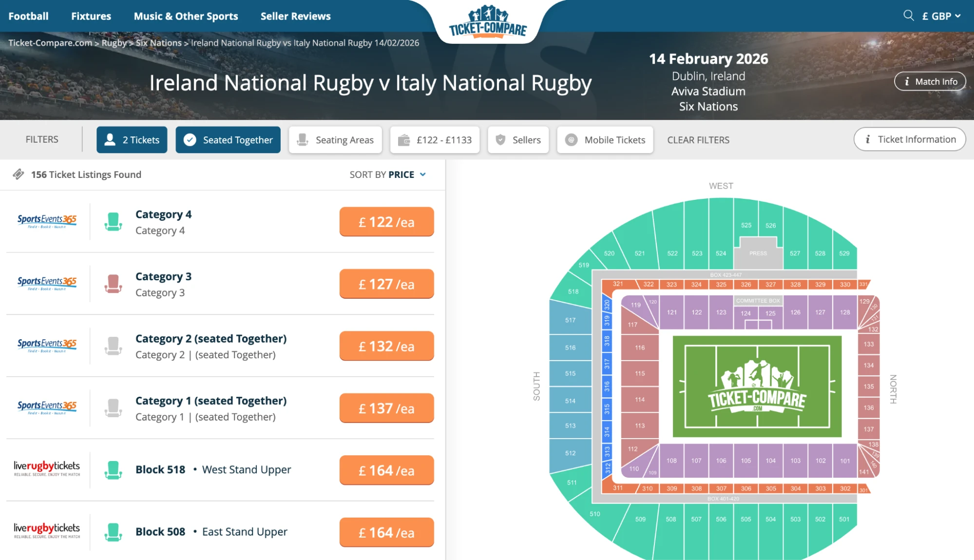 Screenshot of Ireland National Rugby v Italy National Rugby tickets page on www.bubbleblissbeauty.com