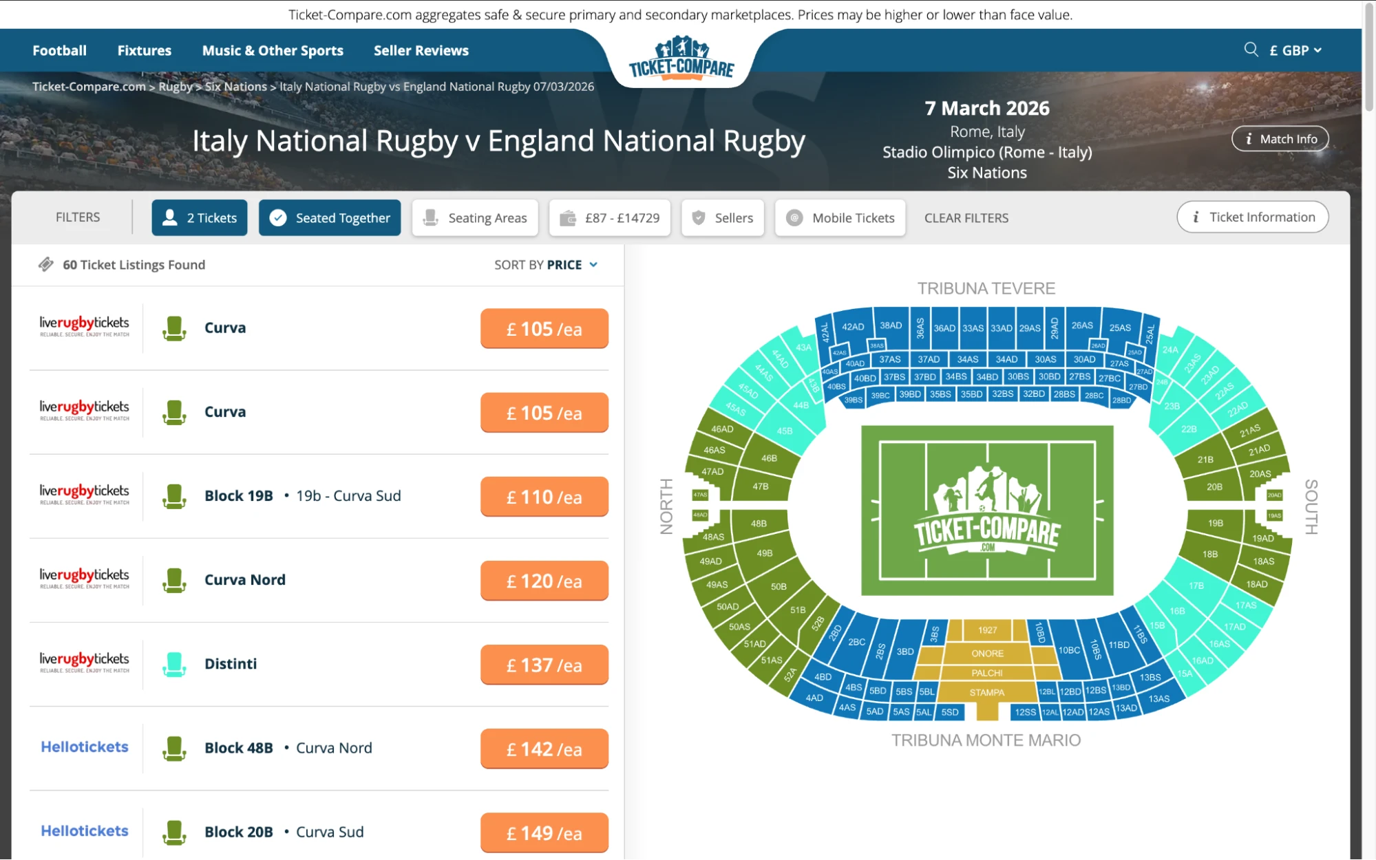 Screenshot of Italy National Rugby v England National Rugby tickets page on www.bubbleblissbeauty.com