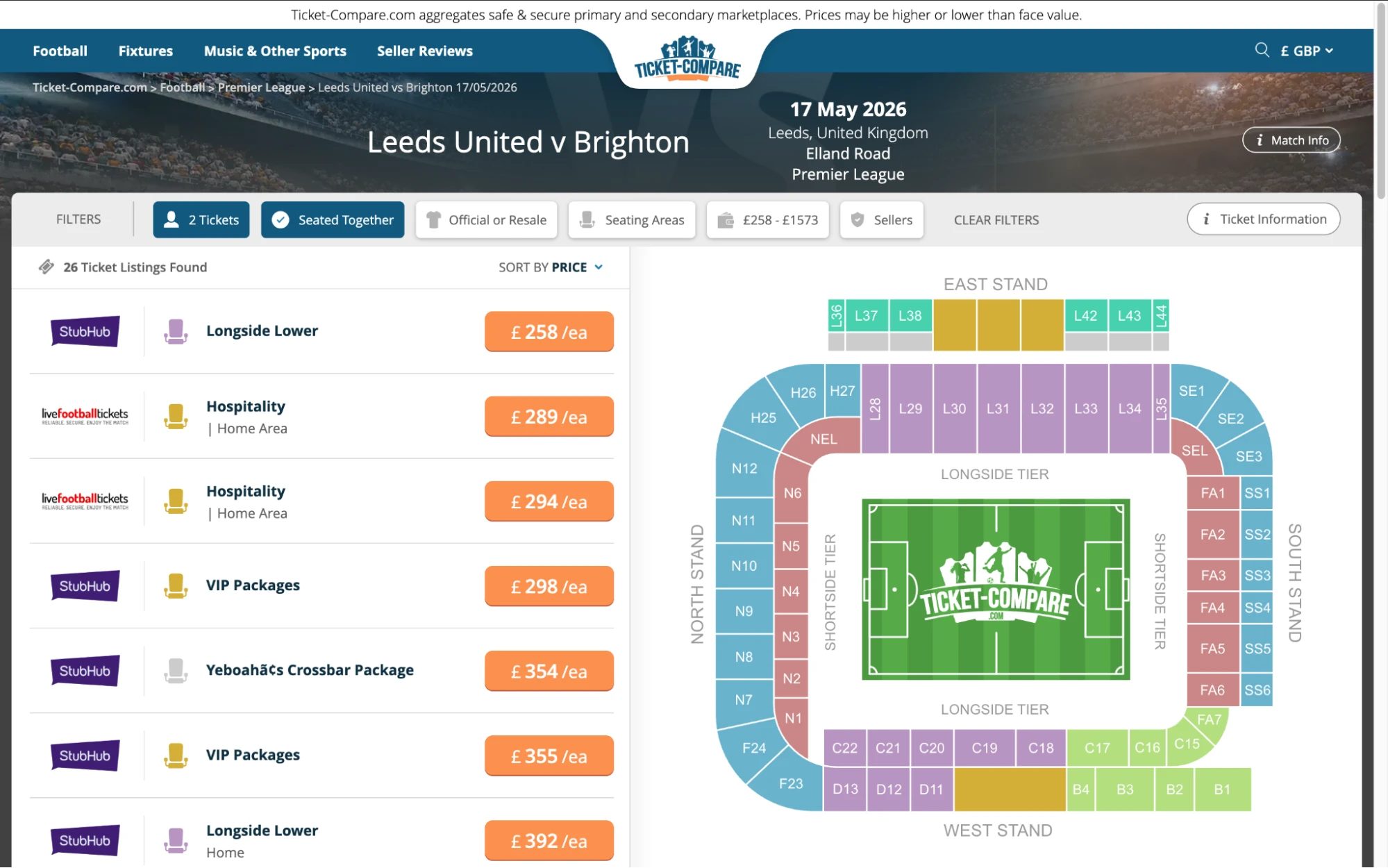 Screenshot of Leeds United v Brightron tickets page on www.bubbleblissbeauty.com