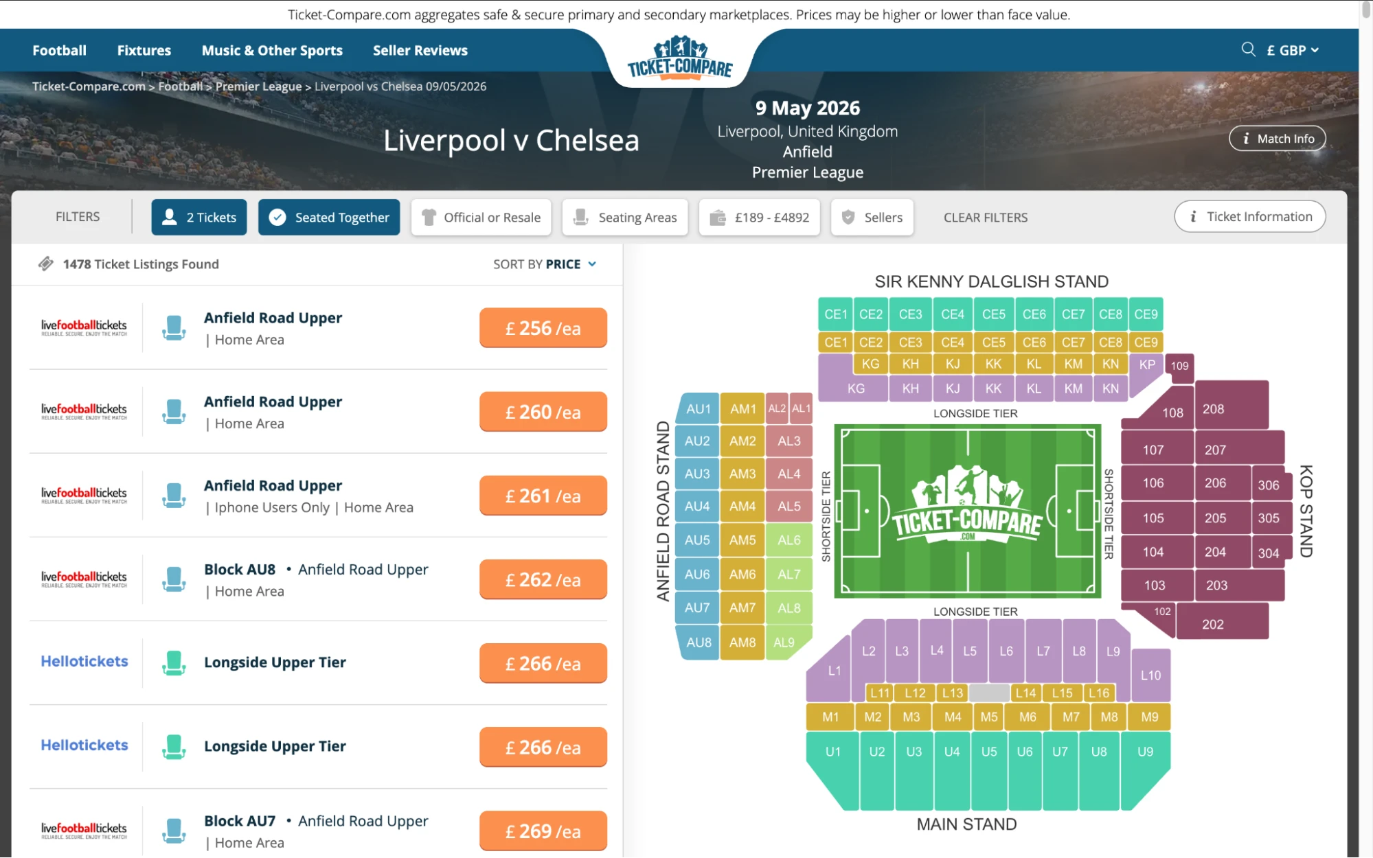 Screenshot of Liverpool v Chelsea tickets page on www.bubbleblissbeauty.com