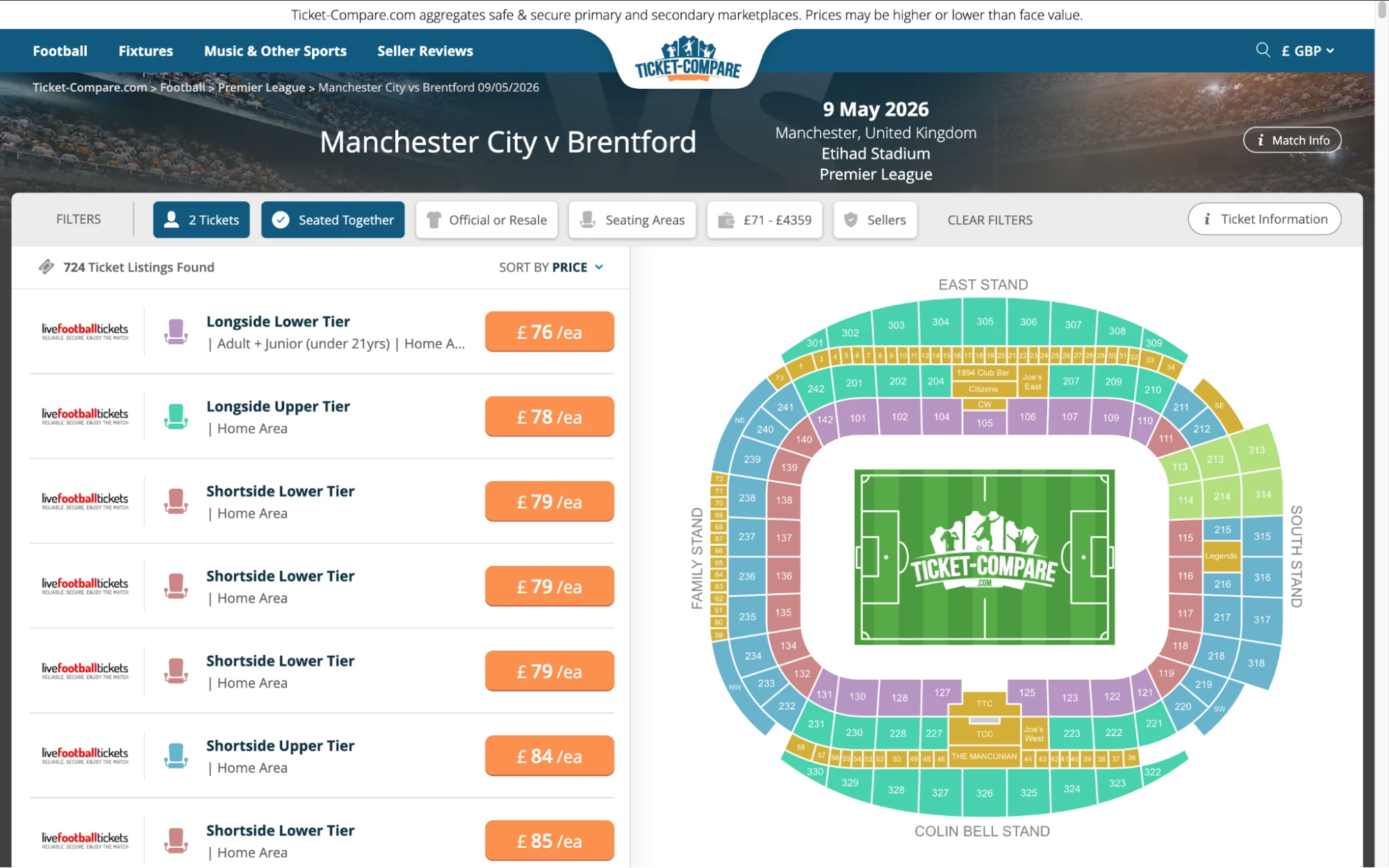 Screenshot of Man City v Brentford tickets page on www.bubbleblissbeauty.com