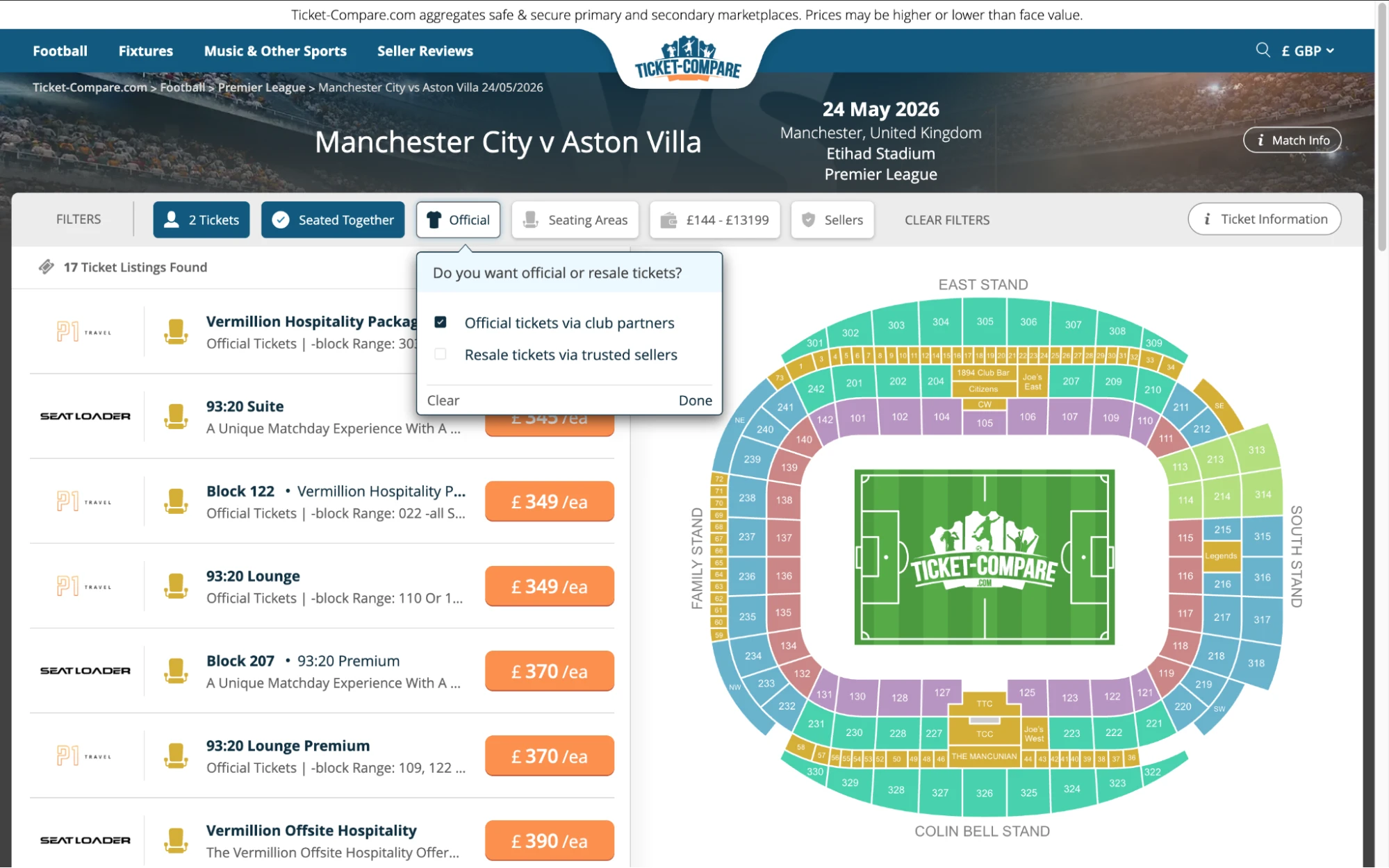 Screenshot of Manchester City v Aston Villa tickets page on www.bubbleblissbeauty.com