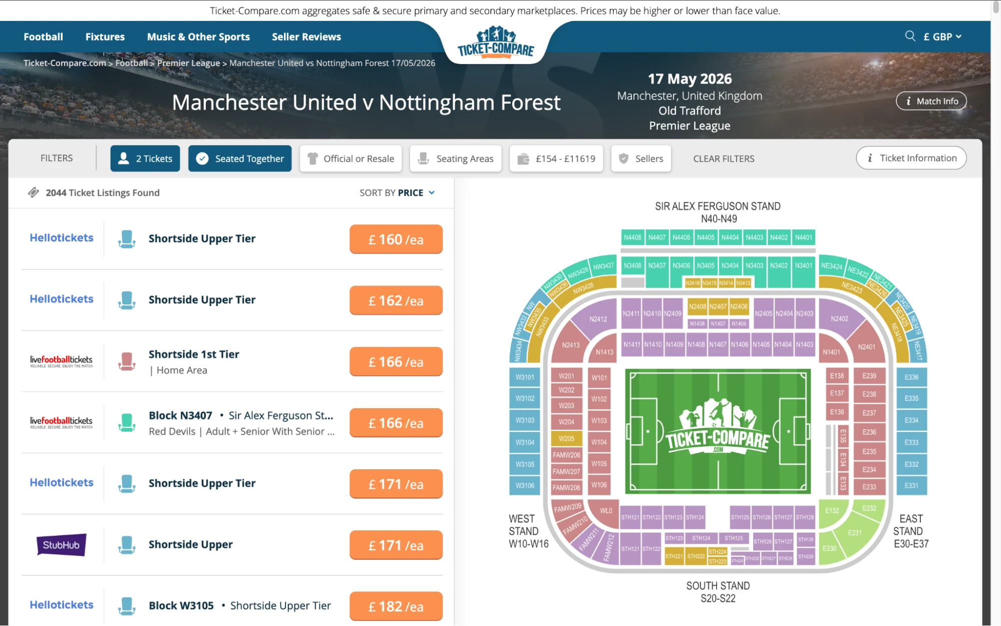 Screenshot of Manchester United v Nottinham Forest tickets page on www.bubbleblissbeauty.com