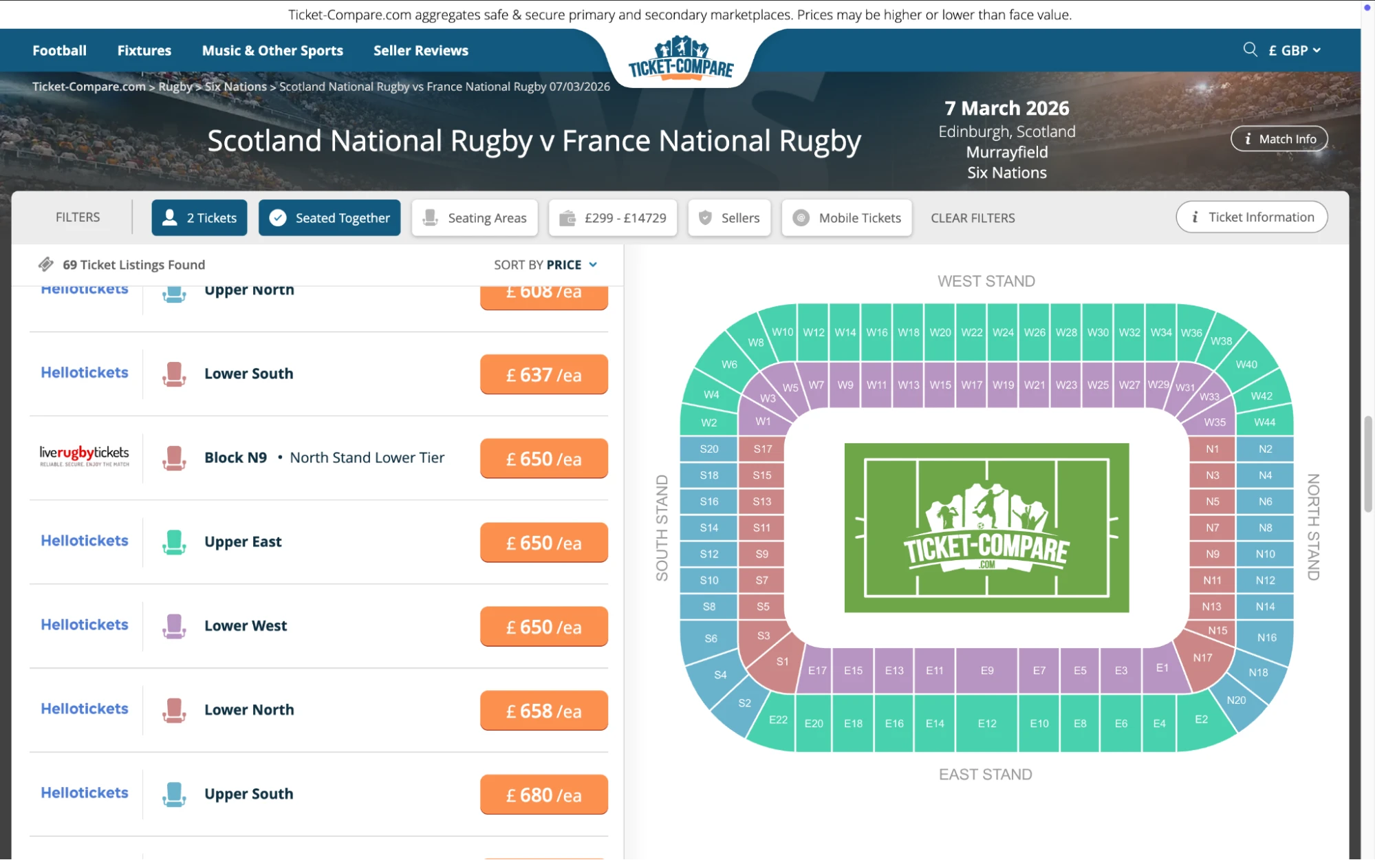 Screenshot of Scotland National Rugby v France National Rugby tickets page on www.bubbleblissbeauty.com