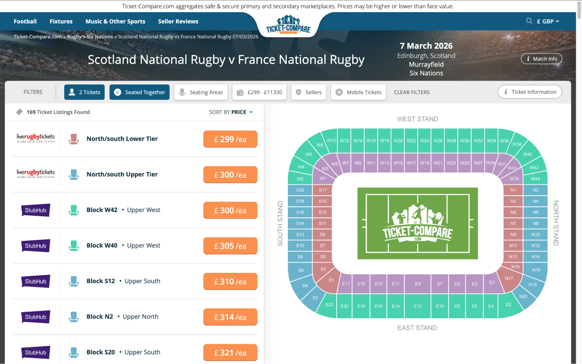 Screenshot of Scotland National Rugby v France Six Nations Rugby tickets page on www.bubbleblissbeauty.com