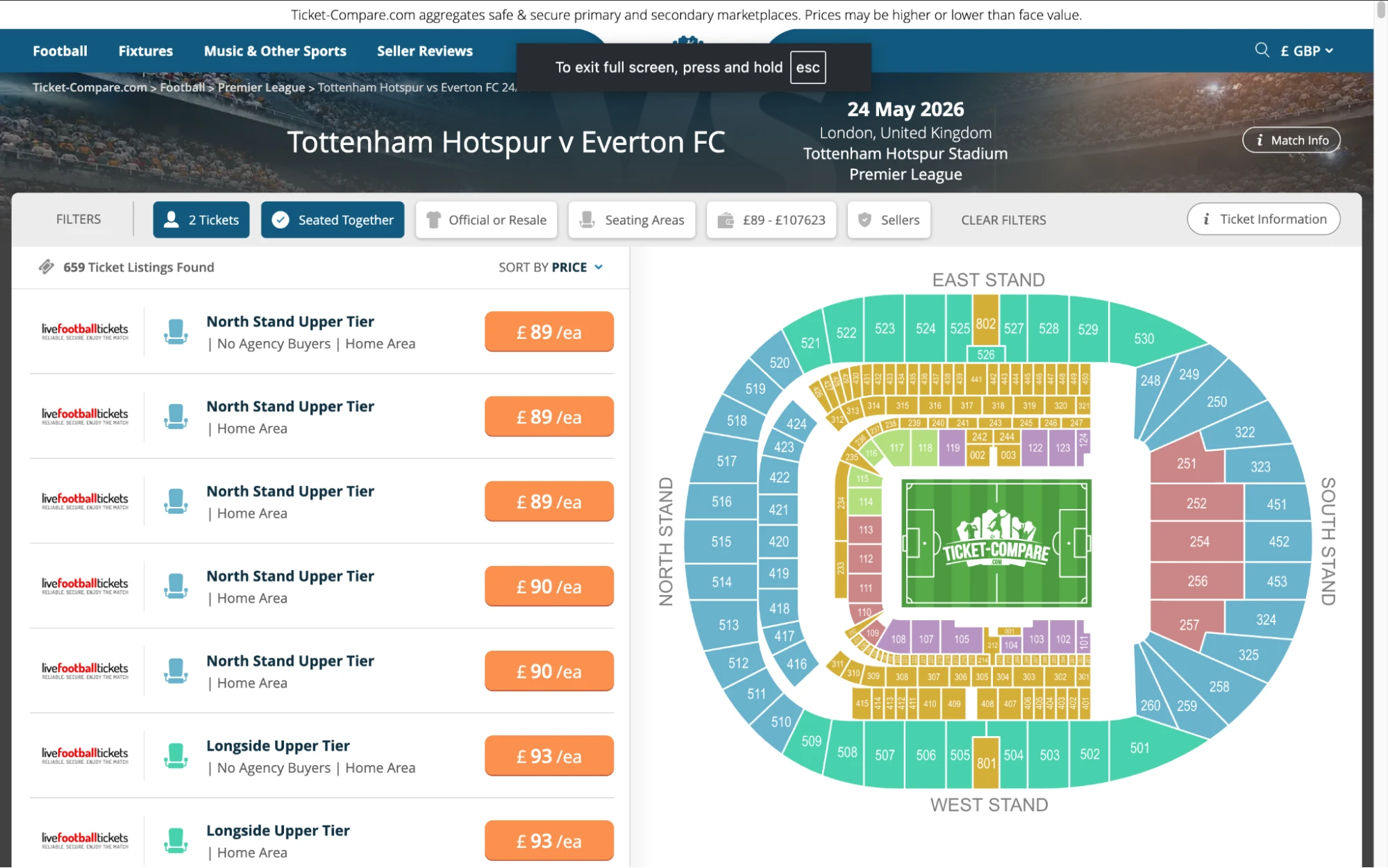 Screenshot of Tottenham Hotspur v Everton tickets page on www.bubbleblissbeauty.com