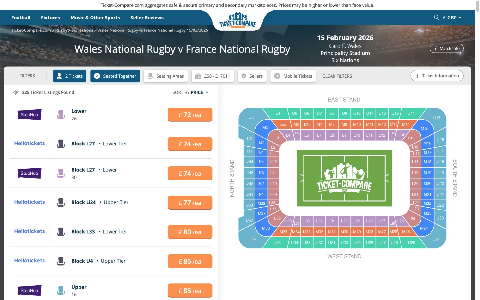 Screenshot of Wales National Rugby v France National Rugby tickets page on www.bubbleblissbeauty.com