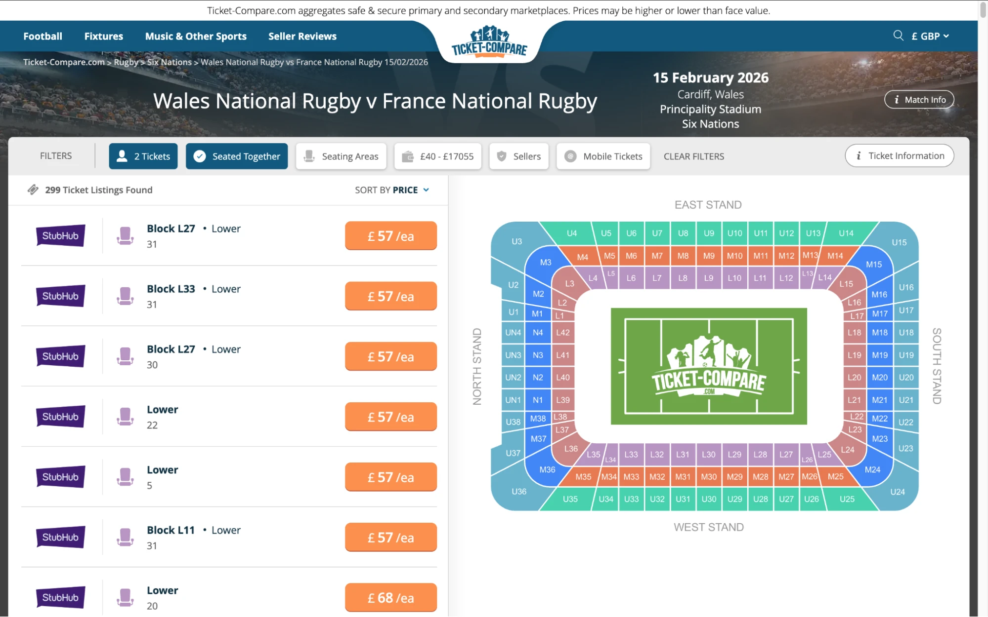 Screenshot of Wales National Rugby v France National Rugby tickets page on www.bubbleblissbeauty.com