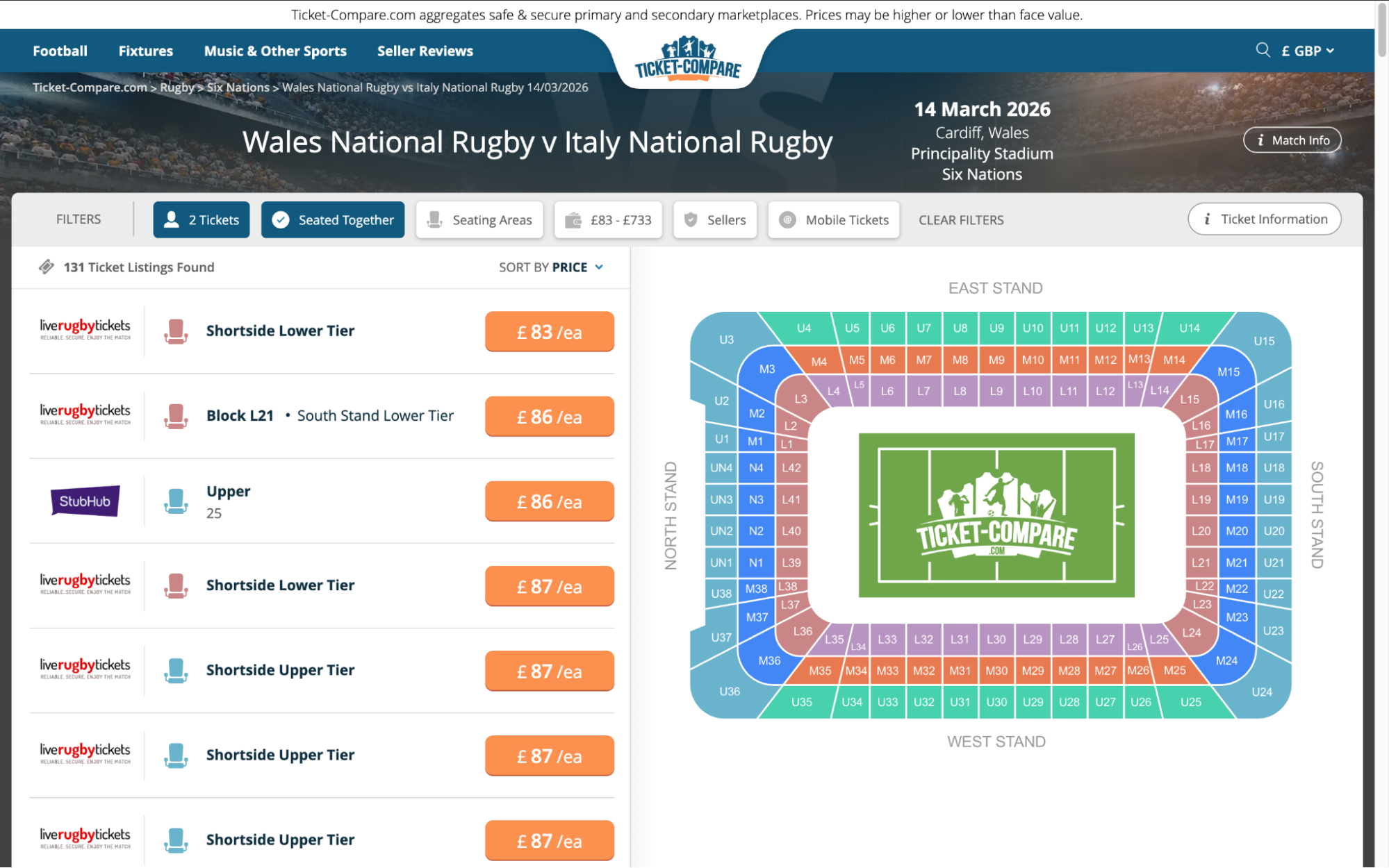 Screenshot of Wales National Rugby v Italy National Rugby tickets page on www.bubbleblissbeauty.com