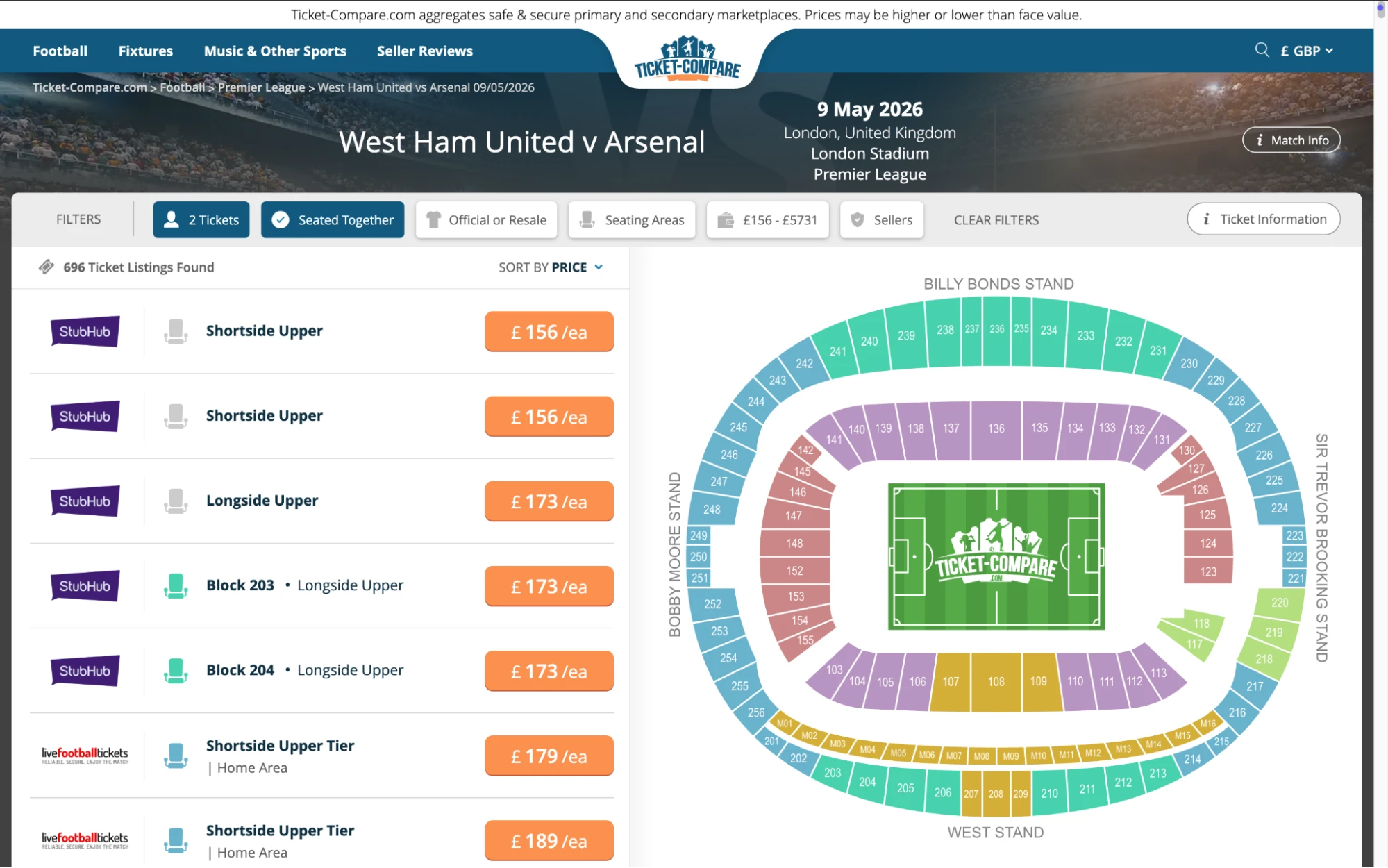 Screenshot of West Ham United v Arsenal tickets page on www.bubbleblissbeauty.com