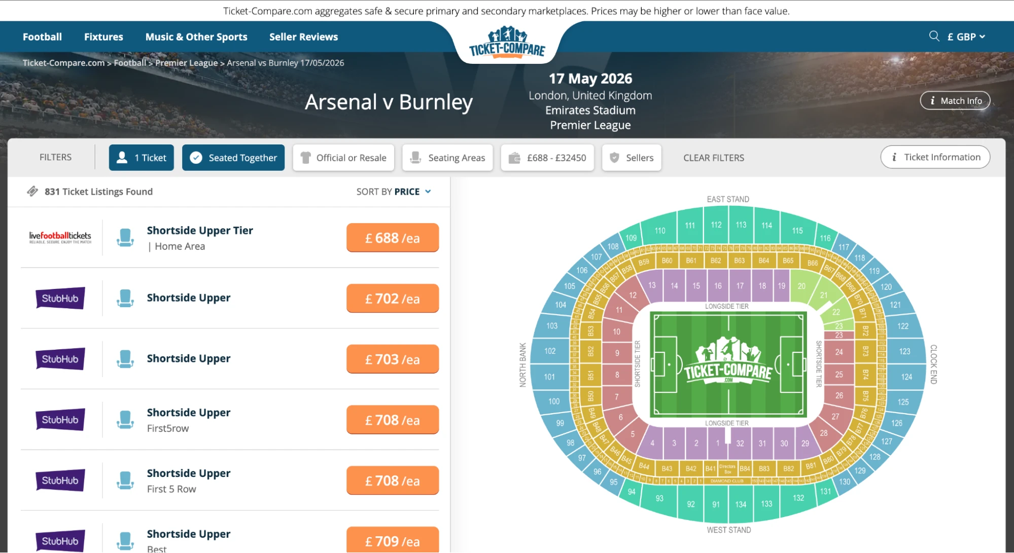 Screenshot of Arsenal v Burnley tickets page on www.bubbleblissbeauty.com