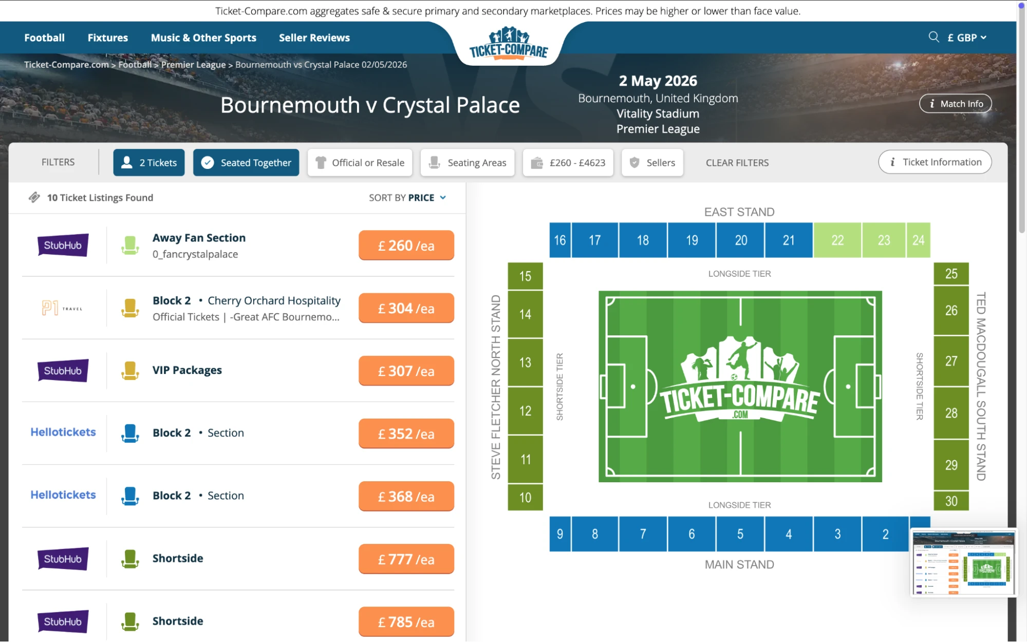 Screenshot of Bournemouth v Crystal Palace tickets page on www.bubbleblissbeauty.com
