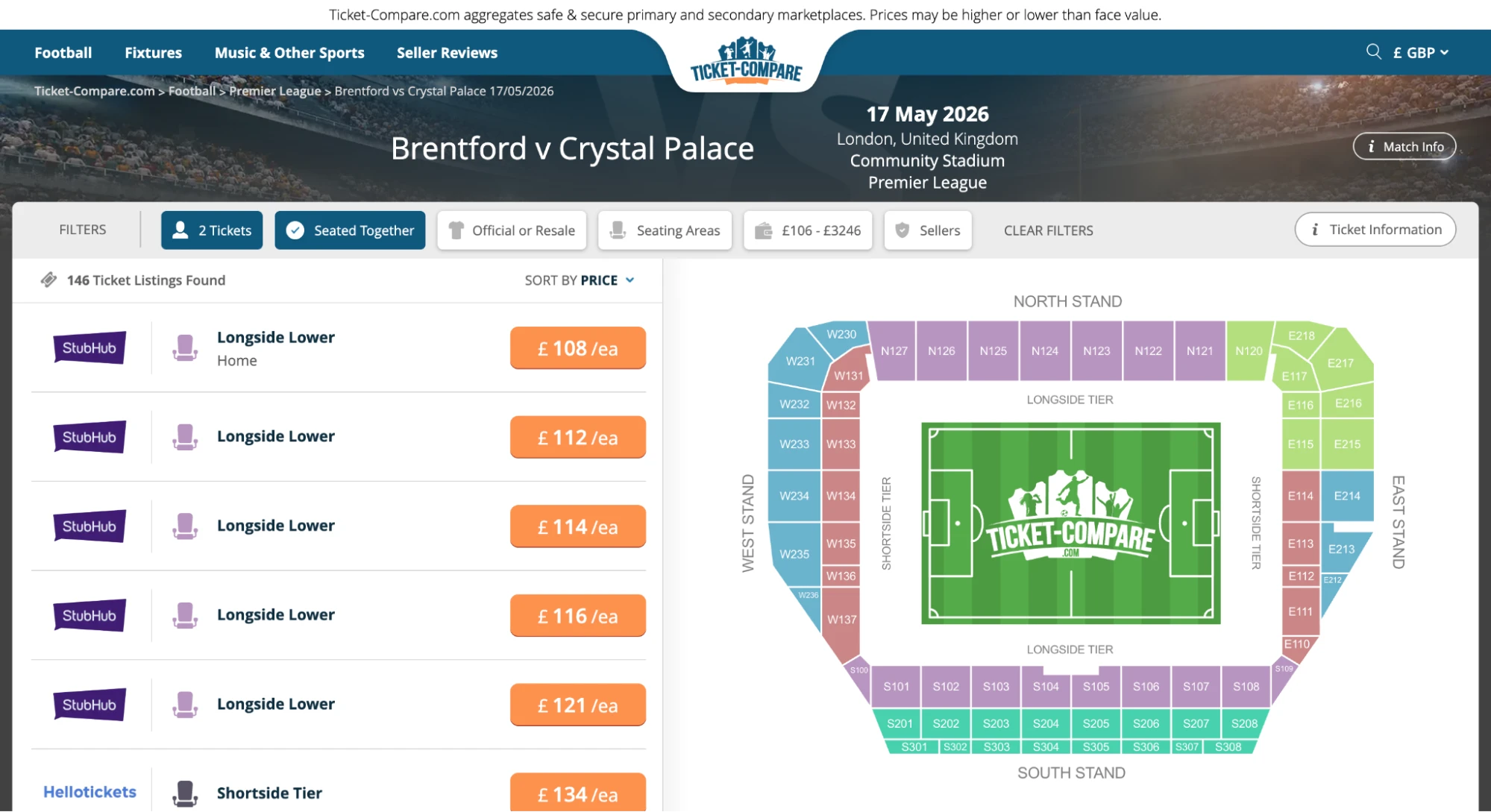 Screenshot of Brentford v Crystal Palace tickets page on www.bubbleblissbeauty.com