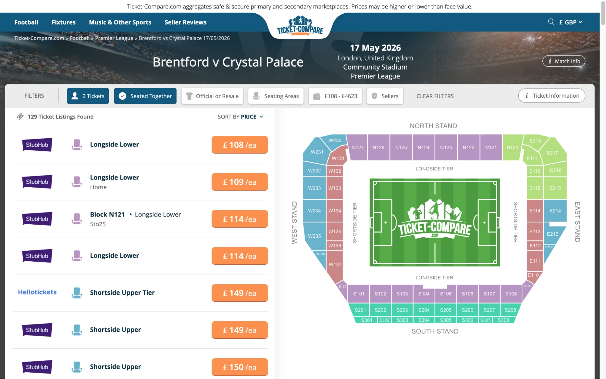 Screenshot of Brentford v Crystal Palace tickets page on www.bubbleblissbeauty.com