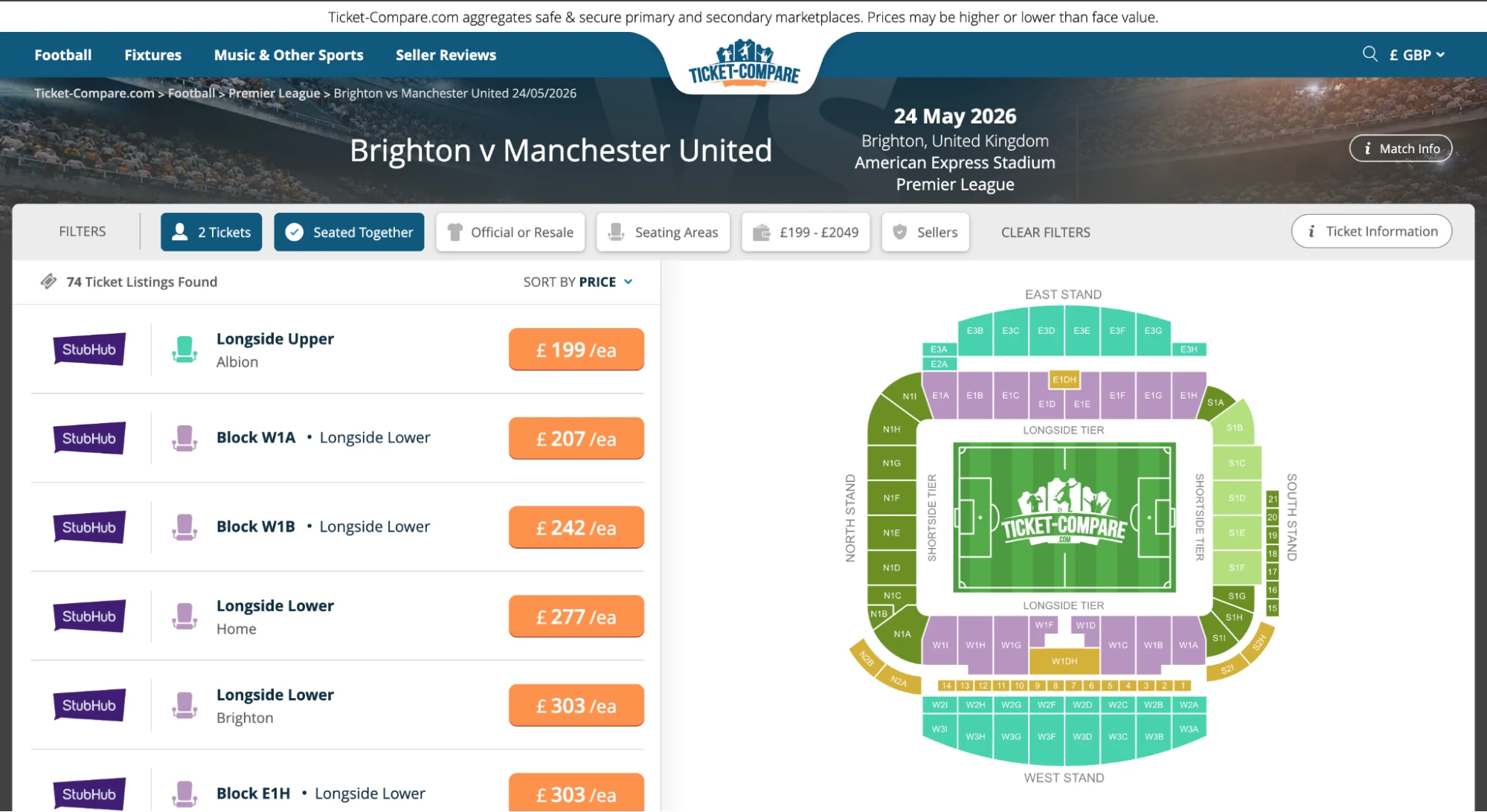 Screenshot of Brighton v Manchester United tickets page on www.bubbleblissbeauty.com