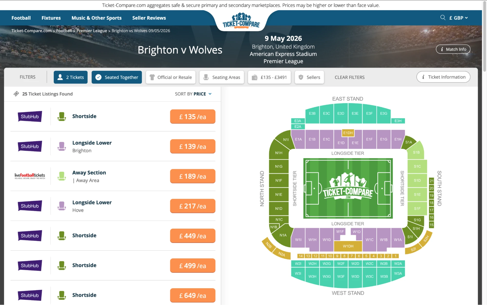 Screenshot of Brighton v Wolves tickets page on www.bubbleblissbeauty.com