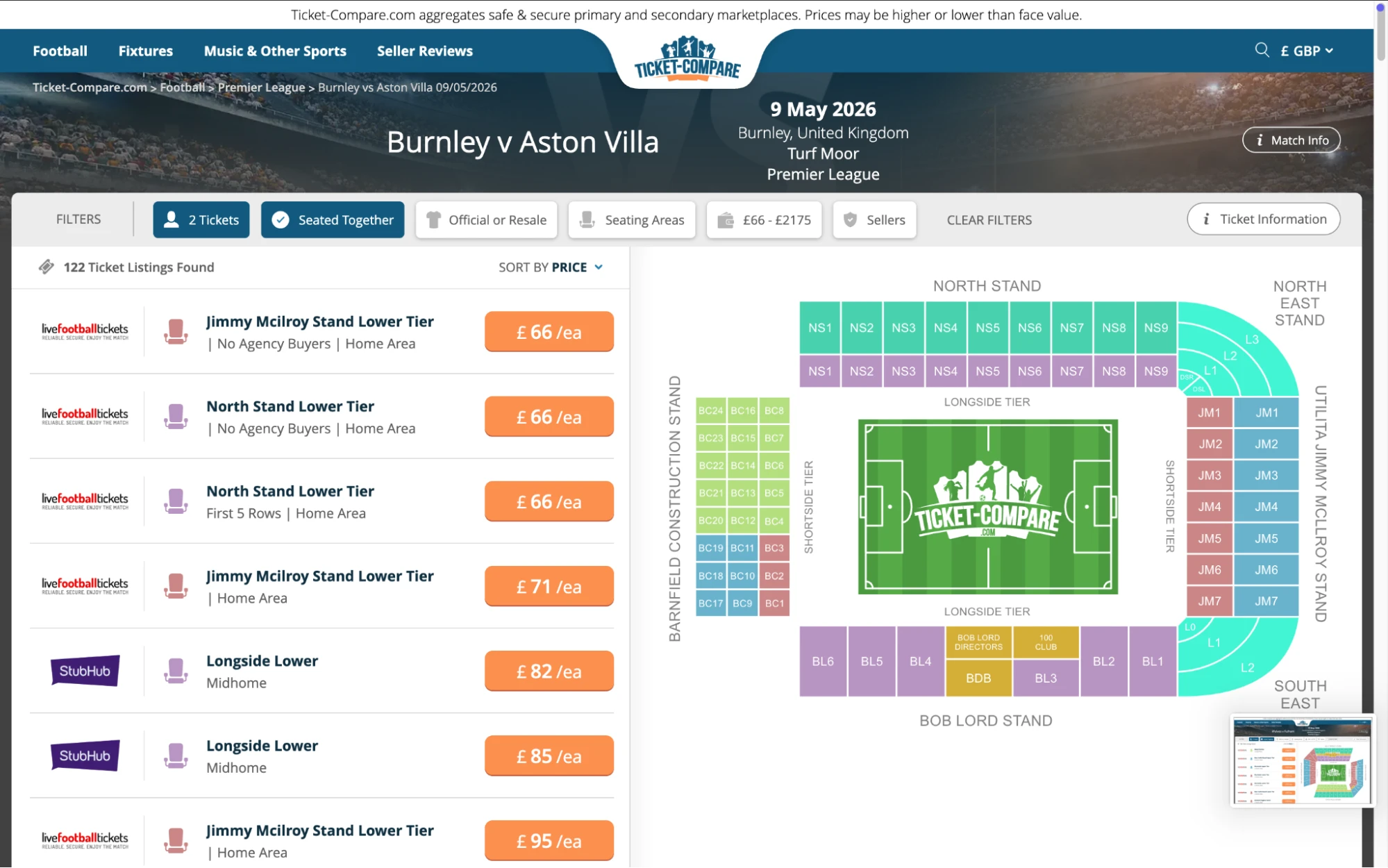 Screenshot of Burnley v Aston Villa tickets page on www.bubbleblissbeauty.com