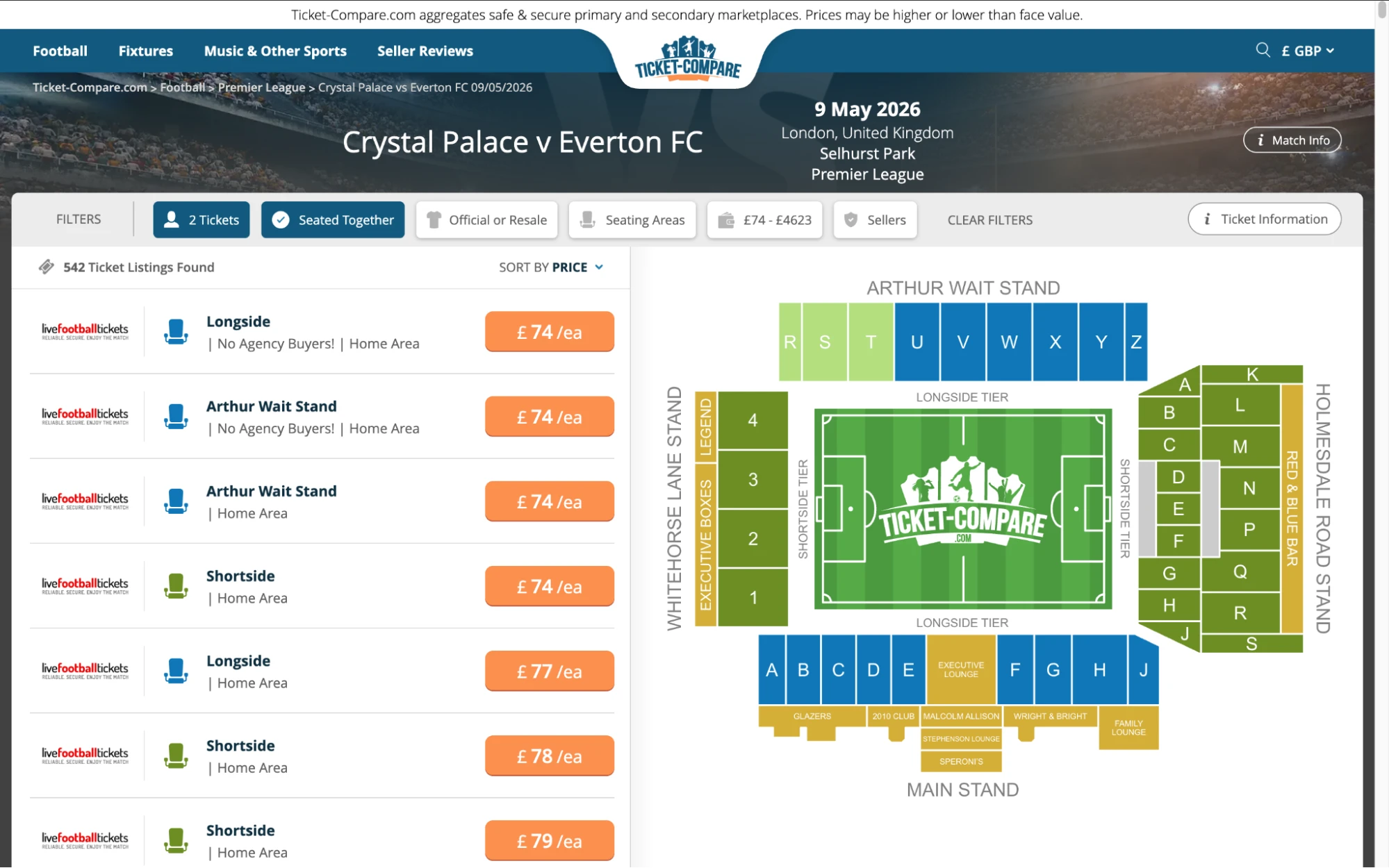 Screenshot of Crystal Palace v Everton FC tickets page on www.bubbleblissbeauty.com