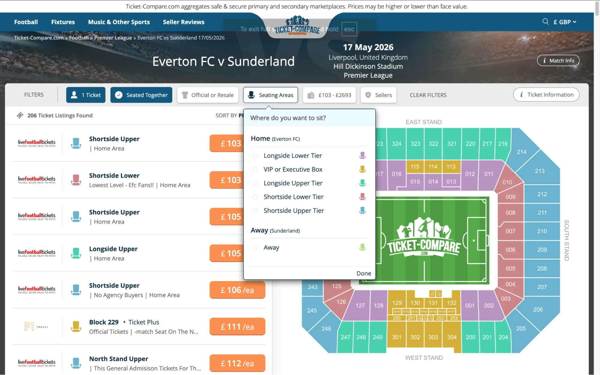 Screenshot of Everton v Sunderland tickets page on www.bubbleblissbeauty.com