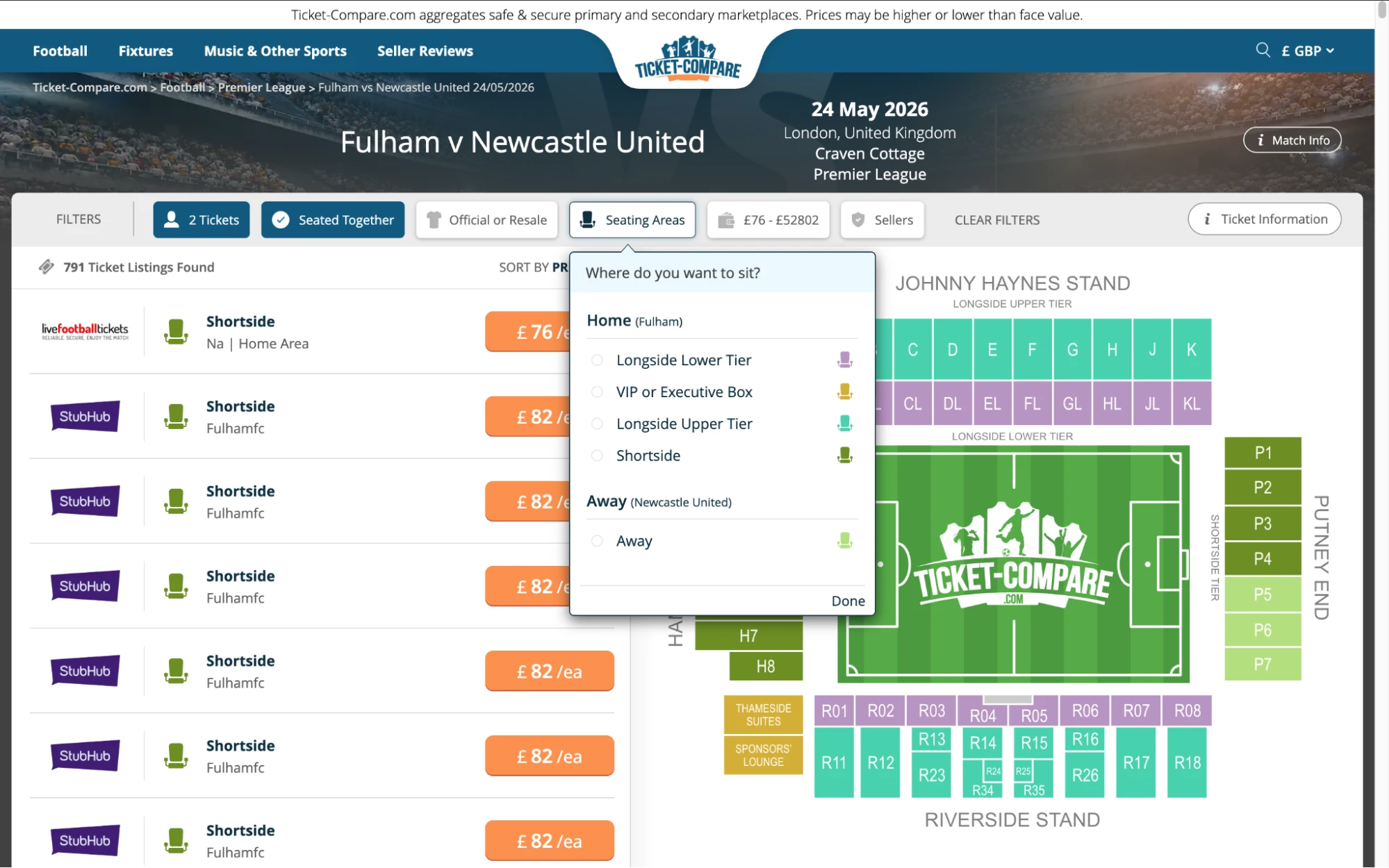 Screenshot of Fulham v Newcastle United tickets page on www.bubbleblissbeauty.com