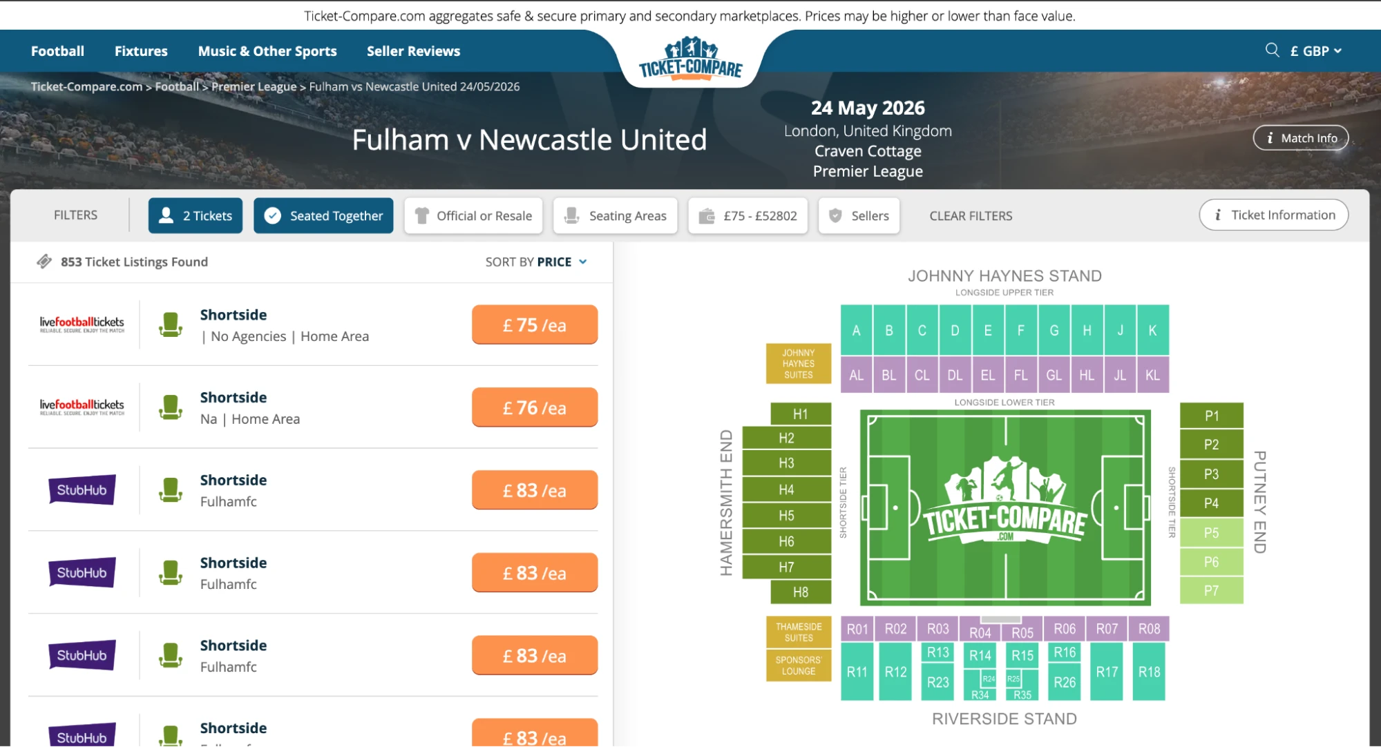 Screenshot of Fulham v Newcastle United tickets page on www.bubbleblissbeauty.com