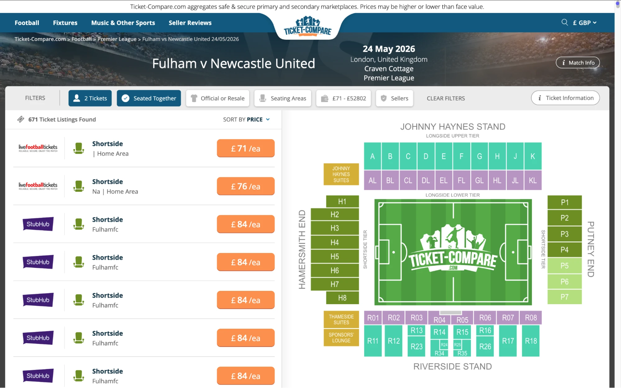 Screenshot of Fulham v Newcastle United tickets page on www.bubbleblissbeauty.com