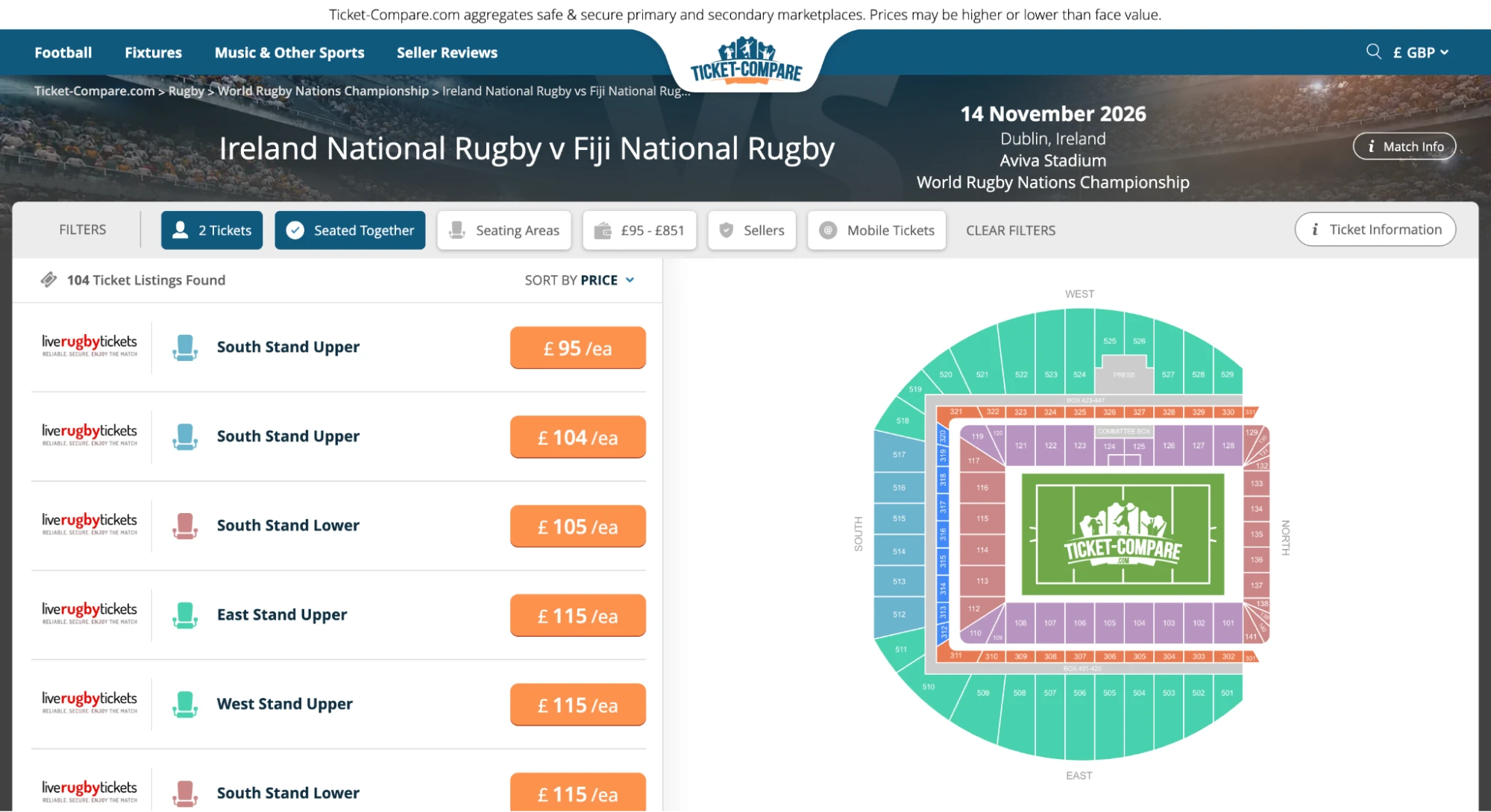 Screenshot of Ireland National Rugby v Fiji National Rugby tickets page on www.bubbleblissbeauty.com