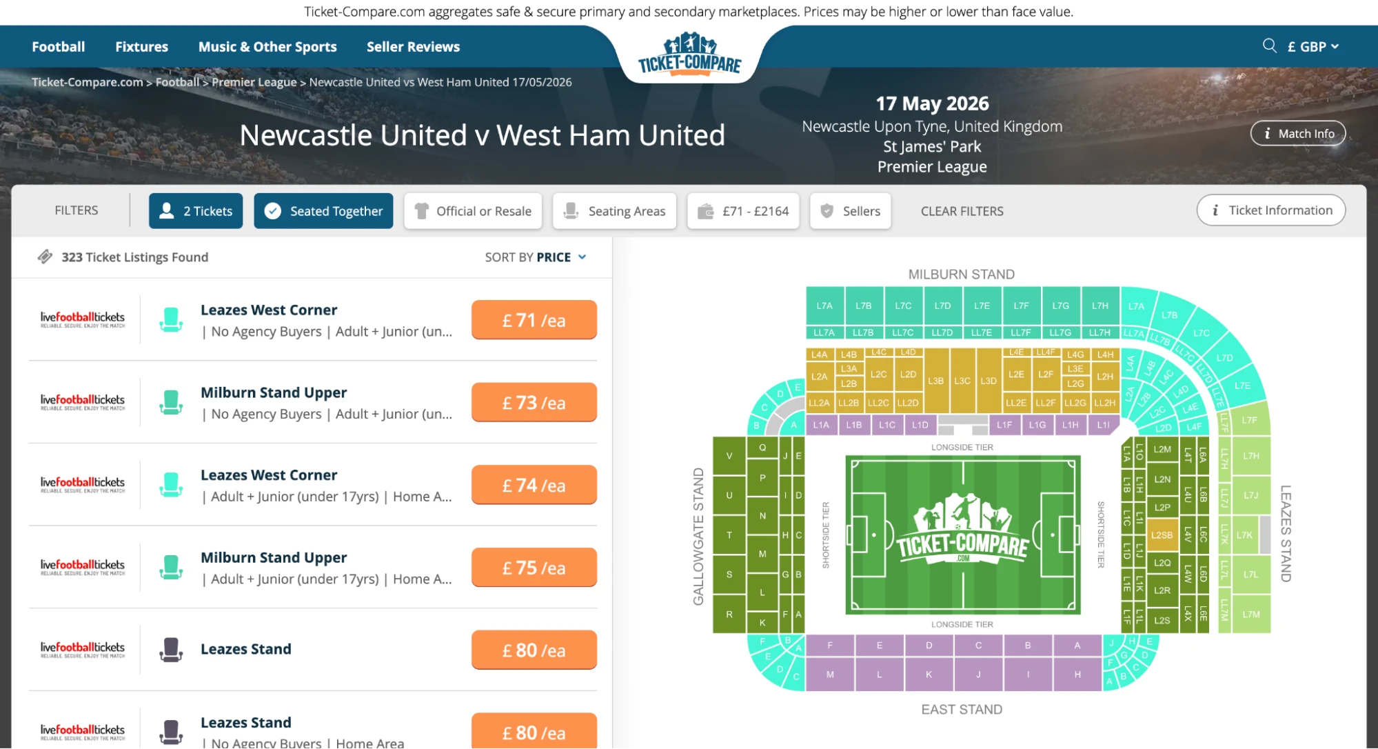 Screenshot of Newcastle United v West Ham United tickets page on www.bubbleblissbeauty.com