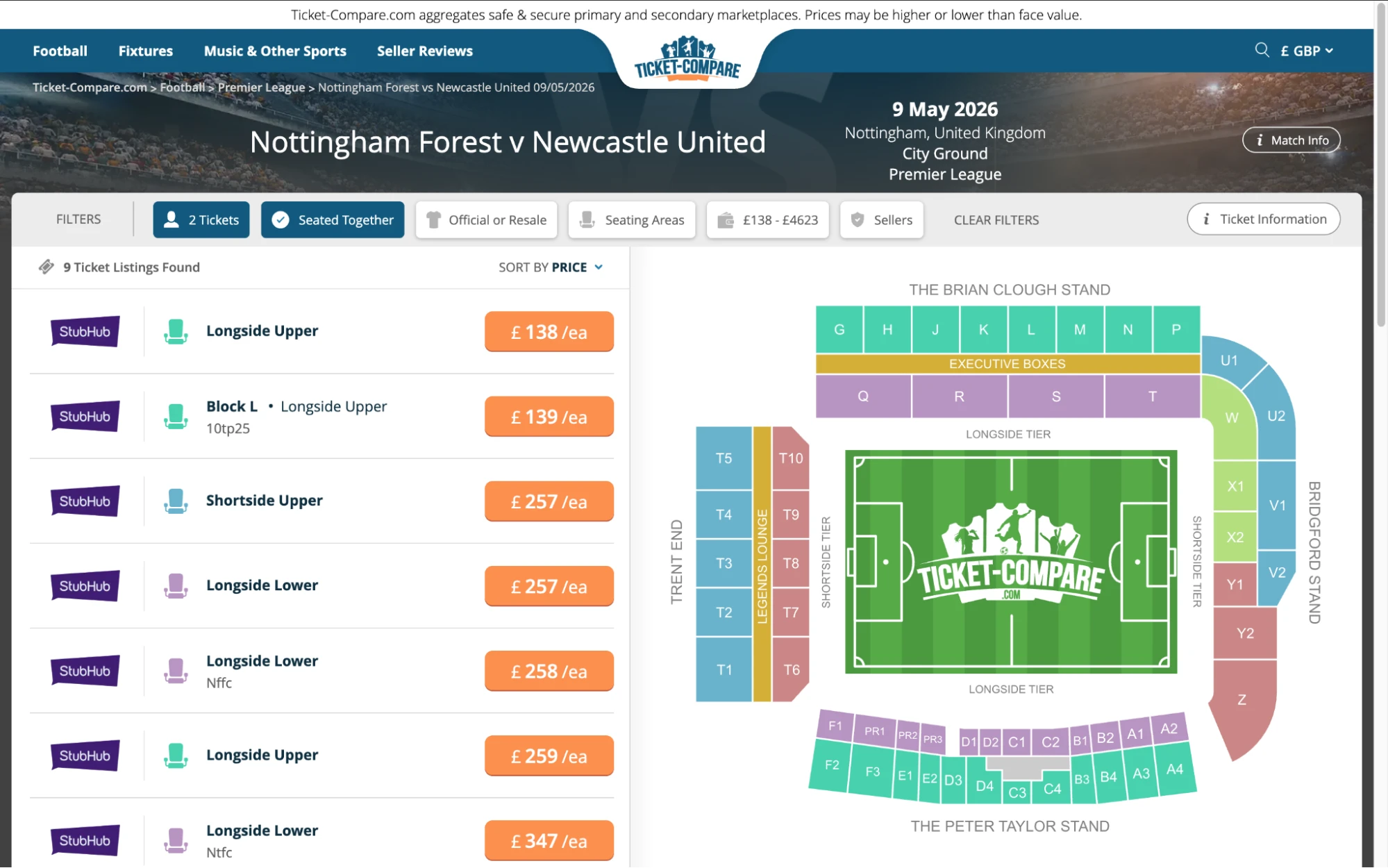 Screenshot of Nottinham Forest v Newcastle United tickets page on www.bubbleblissbeauty.com