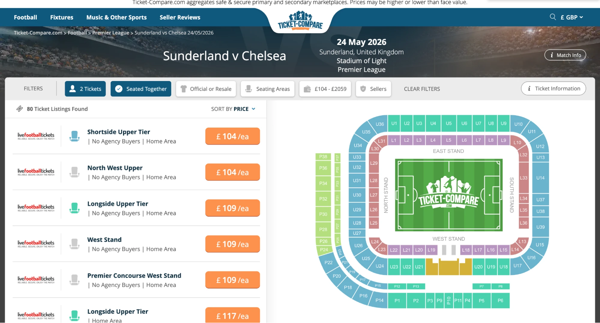 Screenshot of Sunderland v Chelsea tickets page on www.bubbleblissbeauty.com
