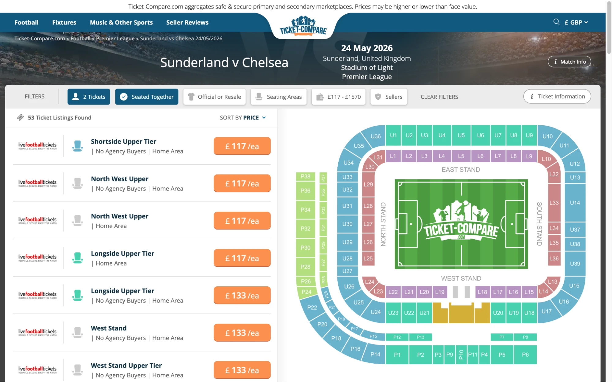 Screenshot of Sunderland v Chelsea tickets page on www.bubbleblissbeauty.com