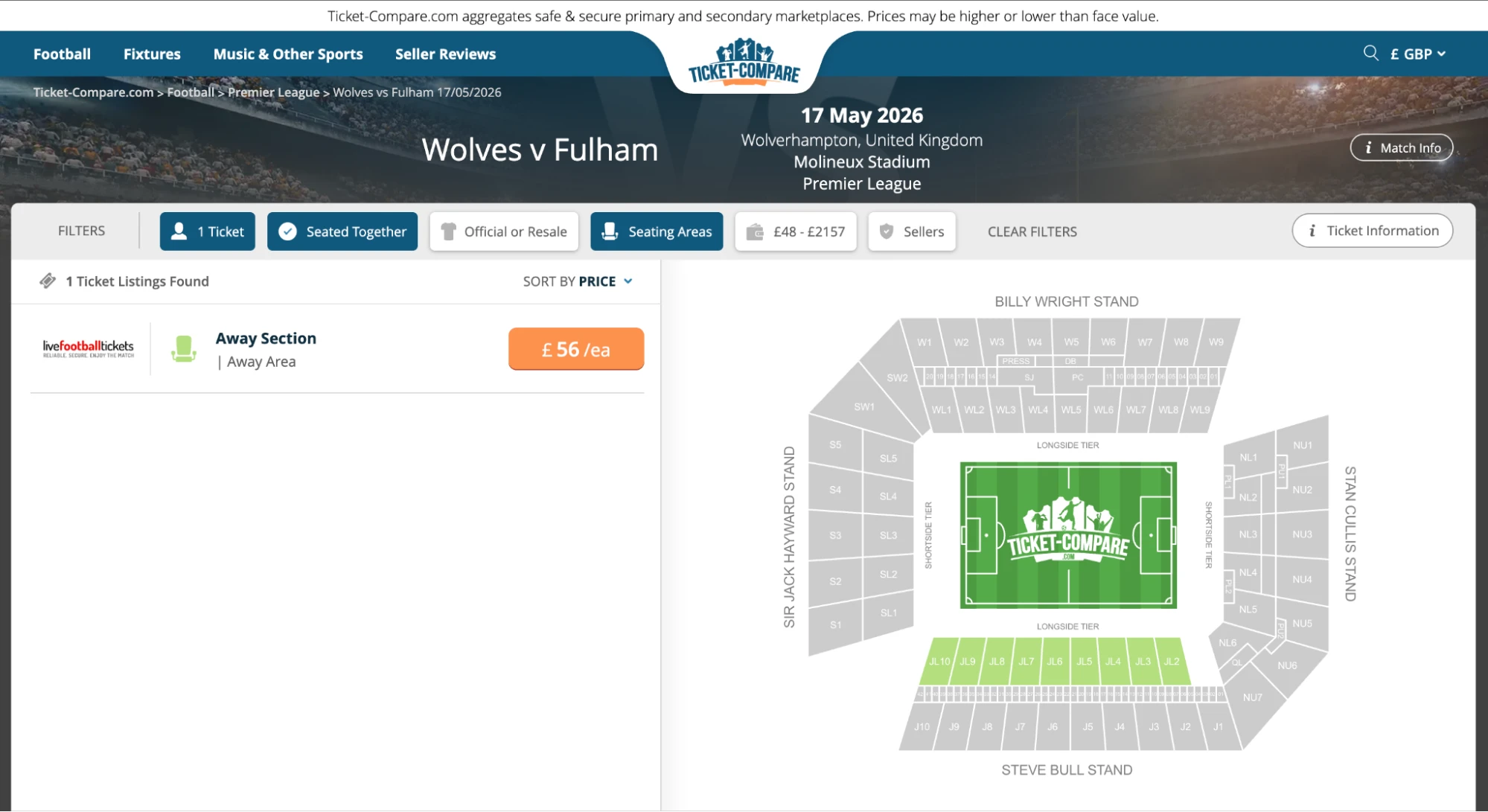 Screenshot of Wolves v Fulham tickets page on www.bubbleblissbeauty.com
