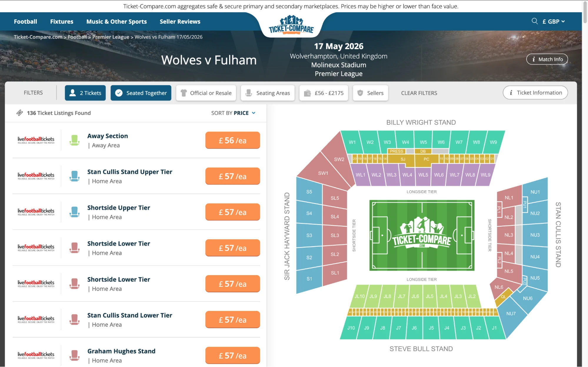 Screenshot of Wolves v Fulham tickets page on www.bubbleblissbeauty.com
